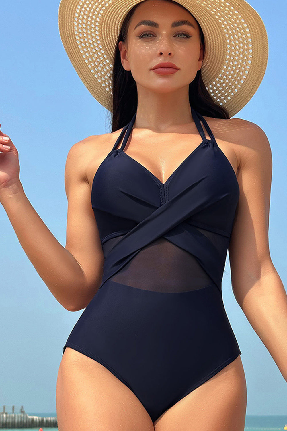 Black Halter Mesh Insert Cross Front One-Piece Swimsuit Blue Zone Planet