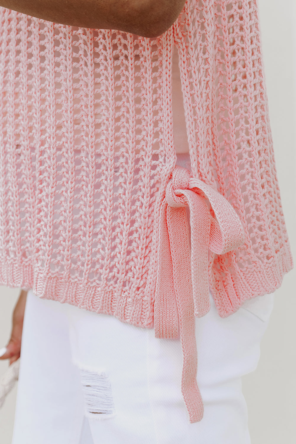 Pink Hollow-Out Crochet Side Tied Short Sleeve Sweater-TOPS / DRESSES-[Adult]-[Female]-2022 Online Blue Zone Planet