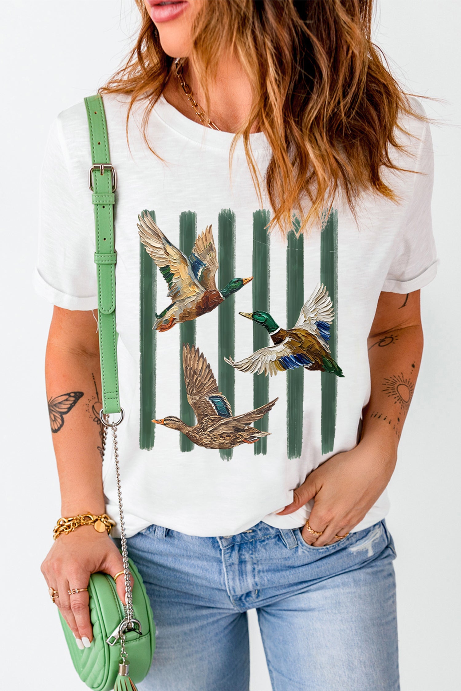 White Western Mallard Stripes Printed Graphic Round Neck Casual Tee-Graphic/Graphic Tees-[Adult]-[Female]-2022 Online Blue Zone Planet