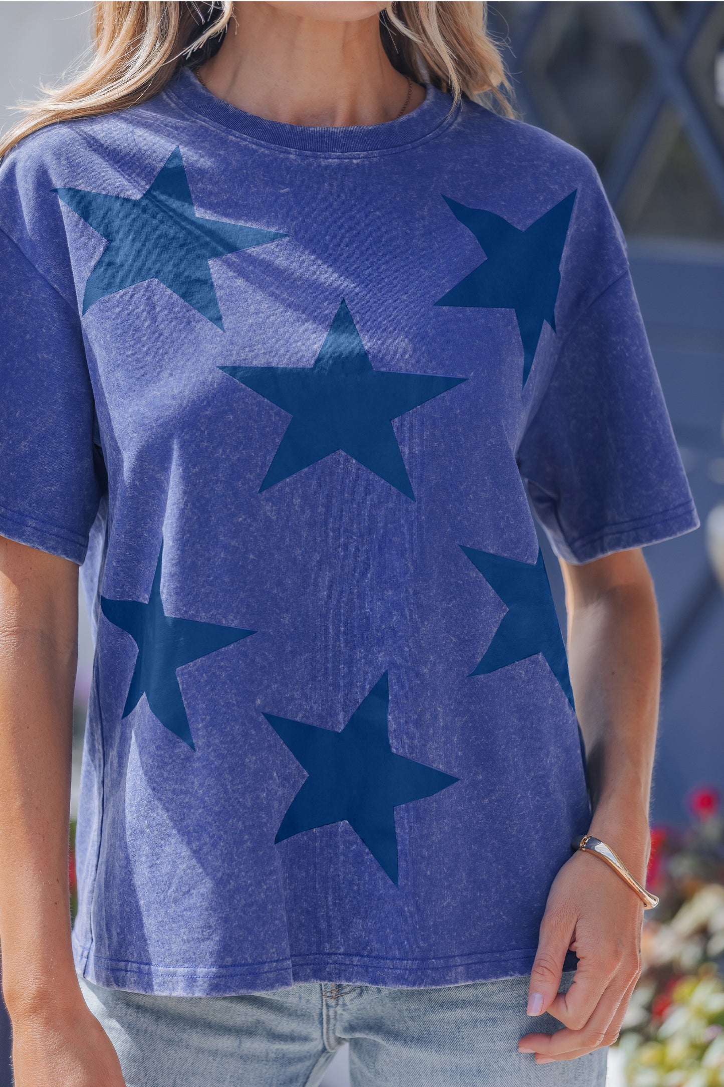 Blue Independence Day Star Printed Mineral Wash T Shirt-Tops/Tops & Tees-[Adult]-[Female]-2022 Online Blue Zone Planet