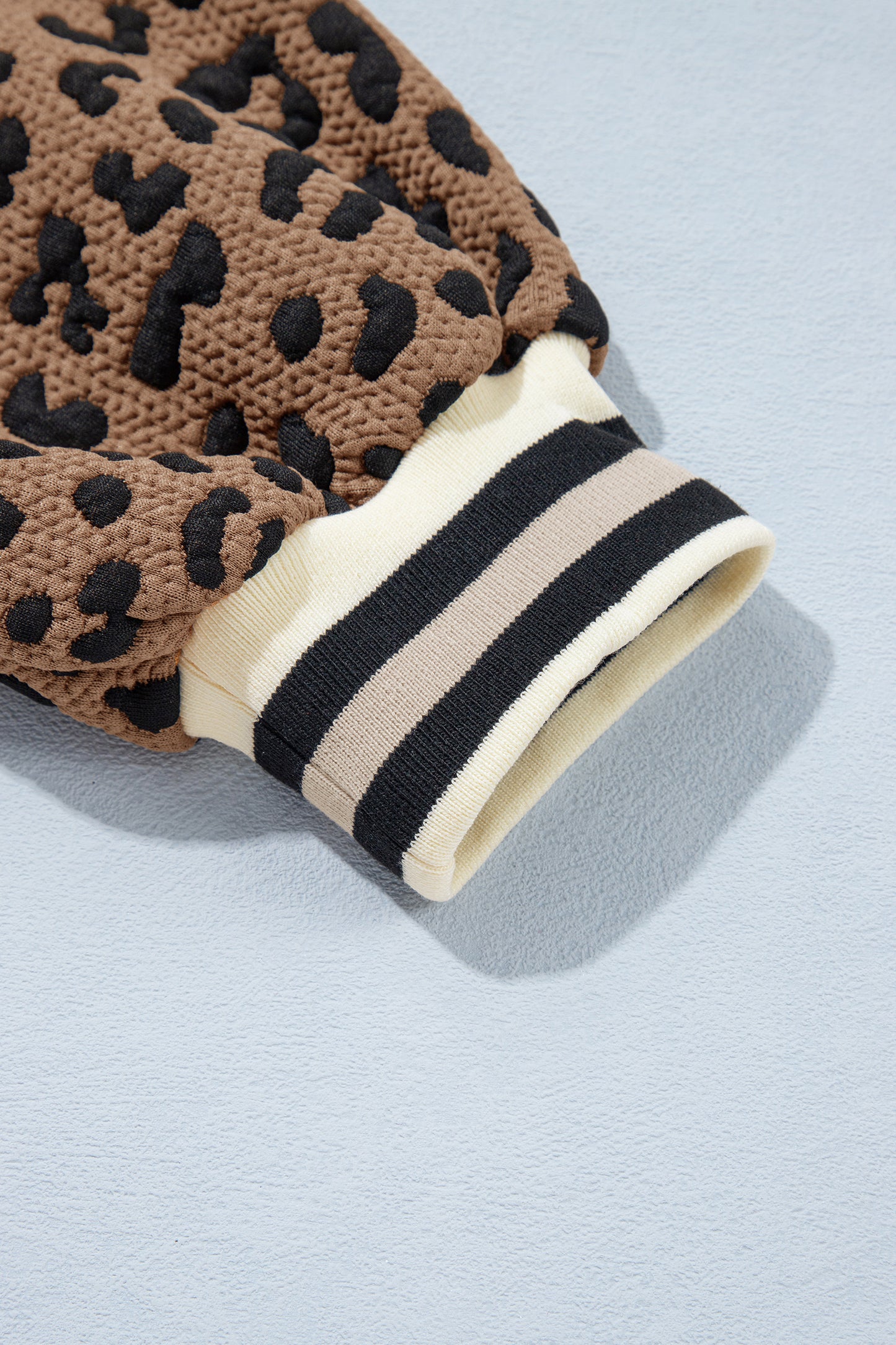 Brown Leopard Print Striped Trim Collar Long Sleeve Shift Pullover-Tops/Long Sleeve Tops-[Adult]-[Female]-2022 Online Blue Zone Planet