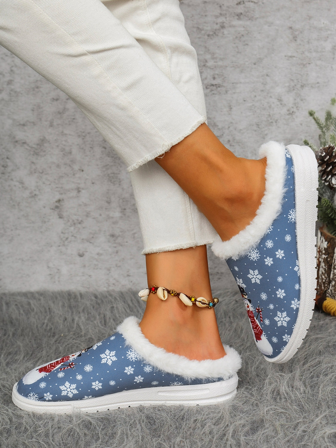 Snowman Print Flat Slippers with Faux Fur-SHOES-[Adult]-[Female]-2022 Online Blue Zone Planet