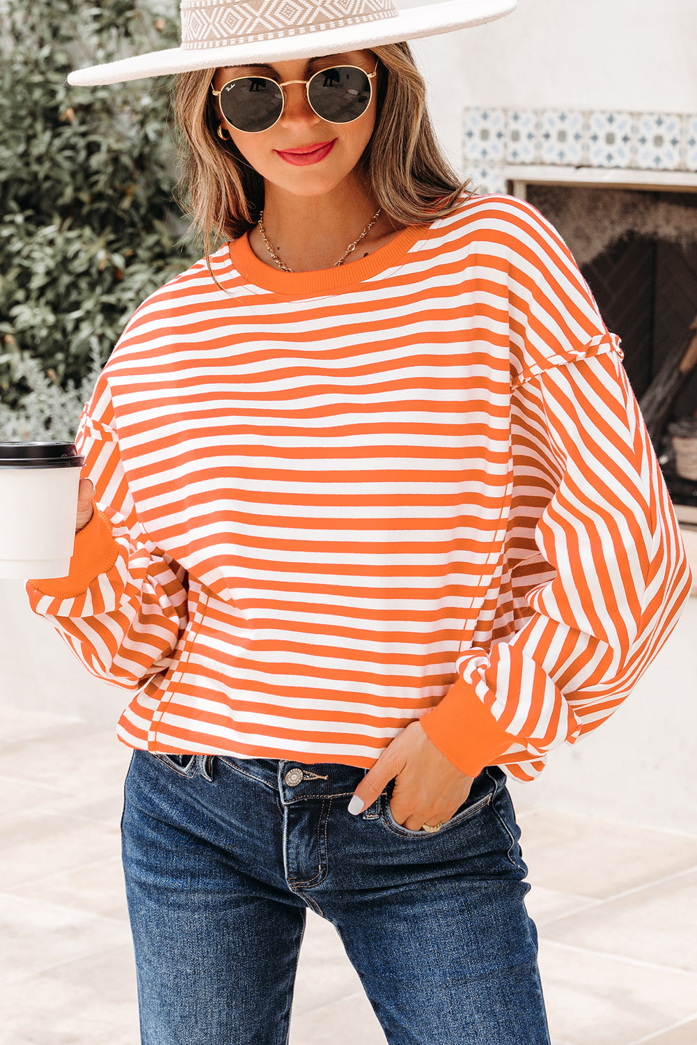 Orange Stripe Exposed Seam Drop Shoulder Casual Pullover Top-Tops/Long Sleeve Tops-[Adult]-[Female]-2022 Online Blue Zone Planet