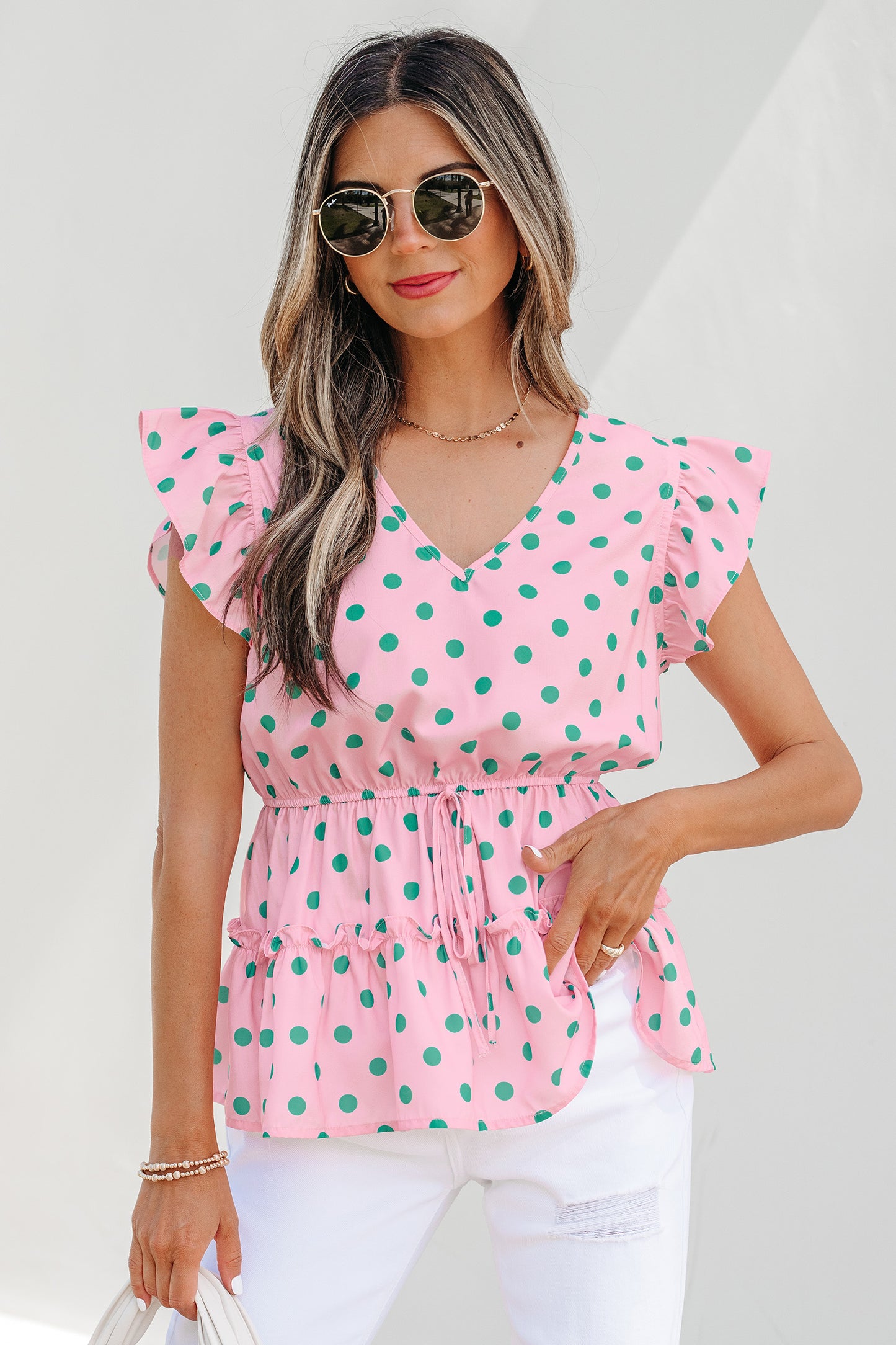 Pink V Neck Polka Dot Print Drawstring Tiered Babydoll Blouse-Tops/Blouses & Shirts-[Adult]-[Female]-Pink-S-2022 Online Blue Zone Planet