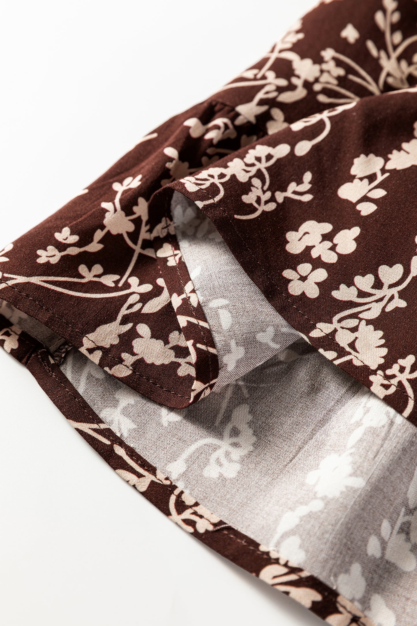 Brown Ditsy Floral Print Split Neck Long Sleeve Shirred Waist Flared Mini Dress-TOPS / DRESSES-[Adult]-[Female]-2022 Online Blue Zone Planet