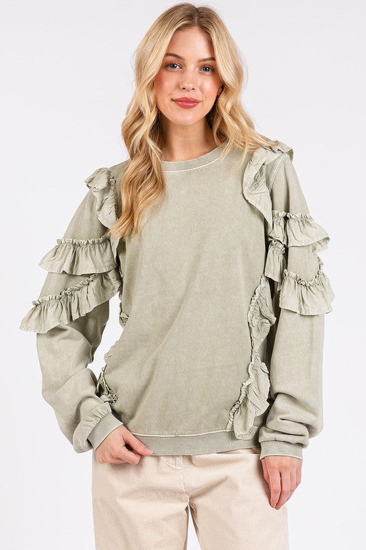 Mittoshop Ruffled Mineral Washed Round Neck Long Sleeve Sweatshirt-TOPS / DRESSES-[Adult]-[Female]-Sage-S-2022 Online Blue Zone Planet