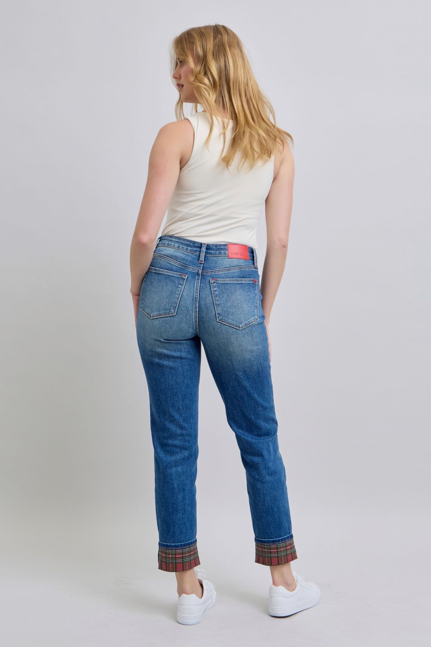 Blue Zone Planet | Judy Blue Full Size Plaid Print Cuff Straight Leg Jeans with Pockets-BOTTOMS SIZES SMALL MEDIUM LARGE-[Adult]-[Female]-2022 Online Blue Zone Planet