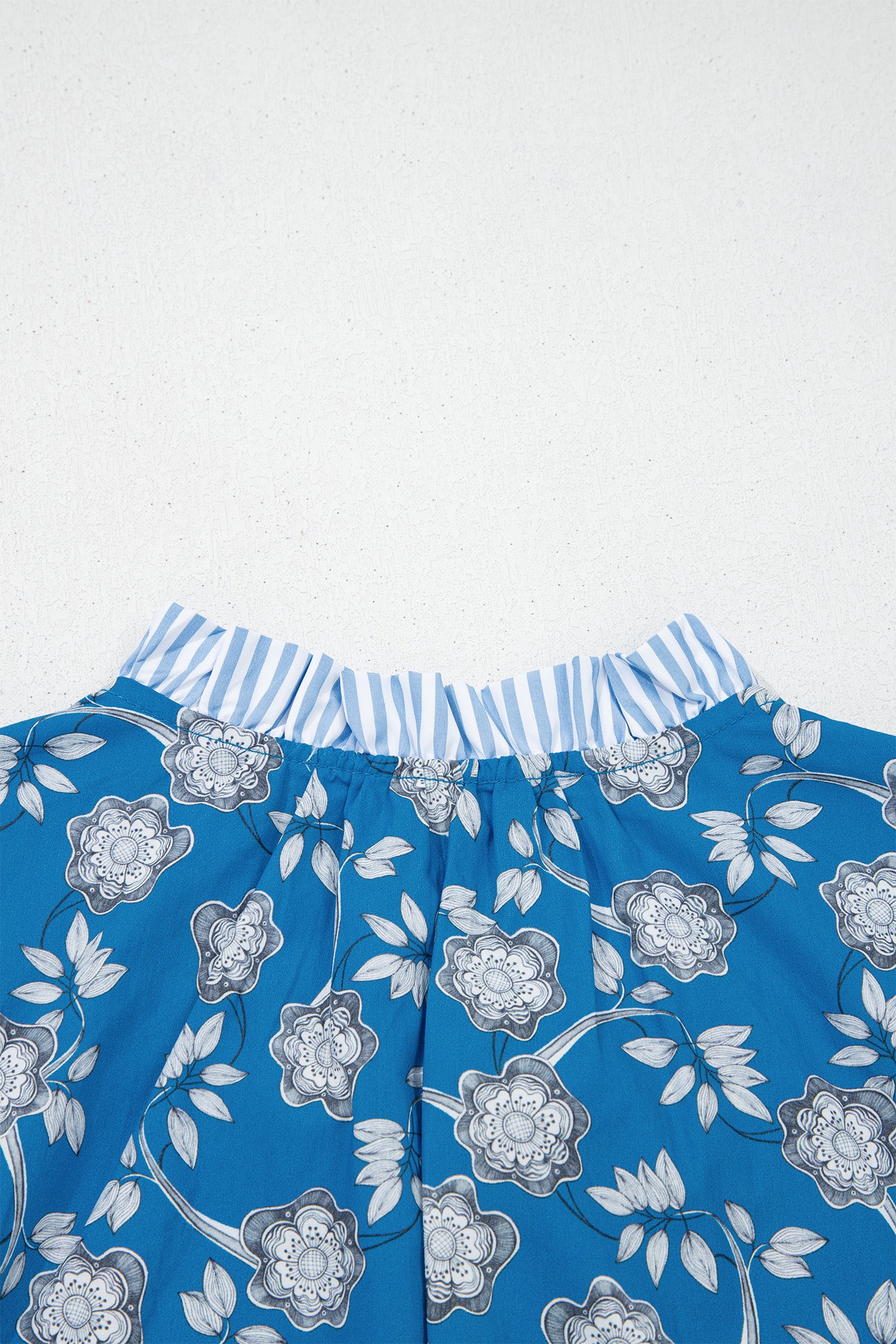 Blue Floral Print Button Tie Neck Striped Detail Short Sleeve Blouse-Tops/Blouses & Shirts-[Adult]-[Female]-2022 Online Blue Zone Planet