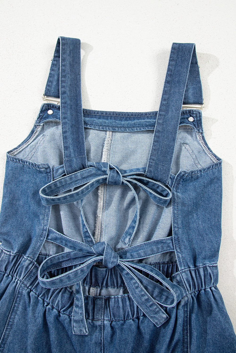 Sky Blue Buckle Straps Bib Style Drawstring Tied Backless Flared Denim Romper-Bottoms/Jumpsuits & Rompers-[Adult]-[Female]-2022 Online Blue Zone Planet
