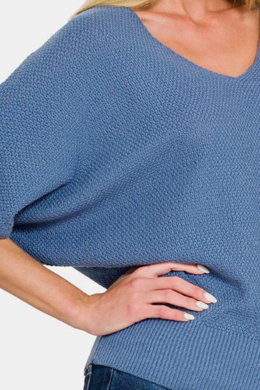 Zenana V-Neck Short Sleeve Dolman Sweater-TOPS / DRESSES-[Adult]-[Female]-2022 Online Blue Zone Planet