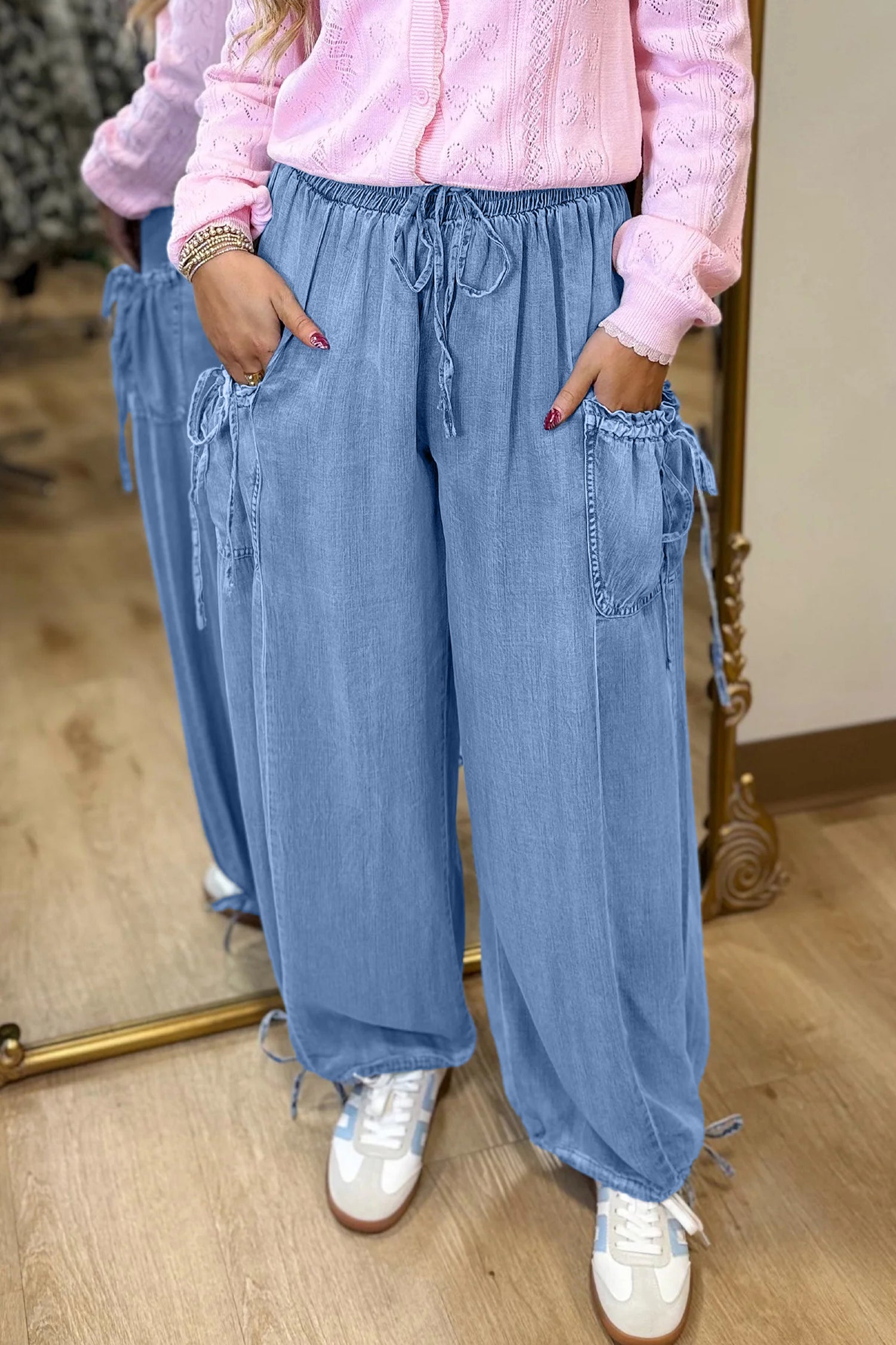 Beau Blue Drawstring Elastic Waist Pocketed Loose Denim Pants-Bottoms/Jeans-[Adult]-[Female]-2022 Online Blue Zone Planet