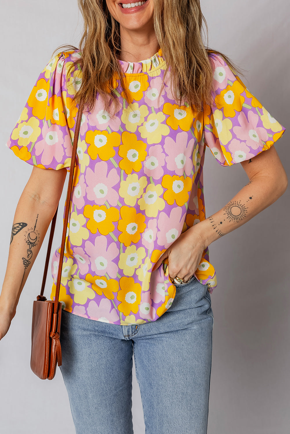Purple Frilled Neck Puff Short Sleeve Flower Top-Tops/Blouses & Shirts-[Adult]-[Female]-2022 Online Blue Zone Planet