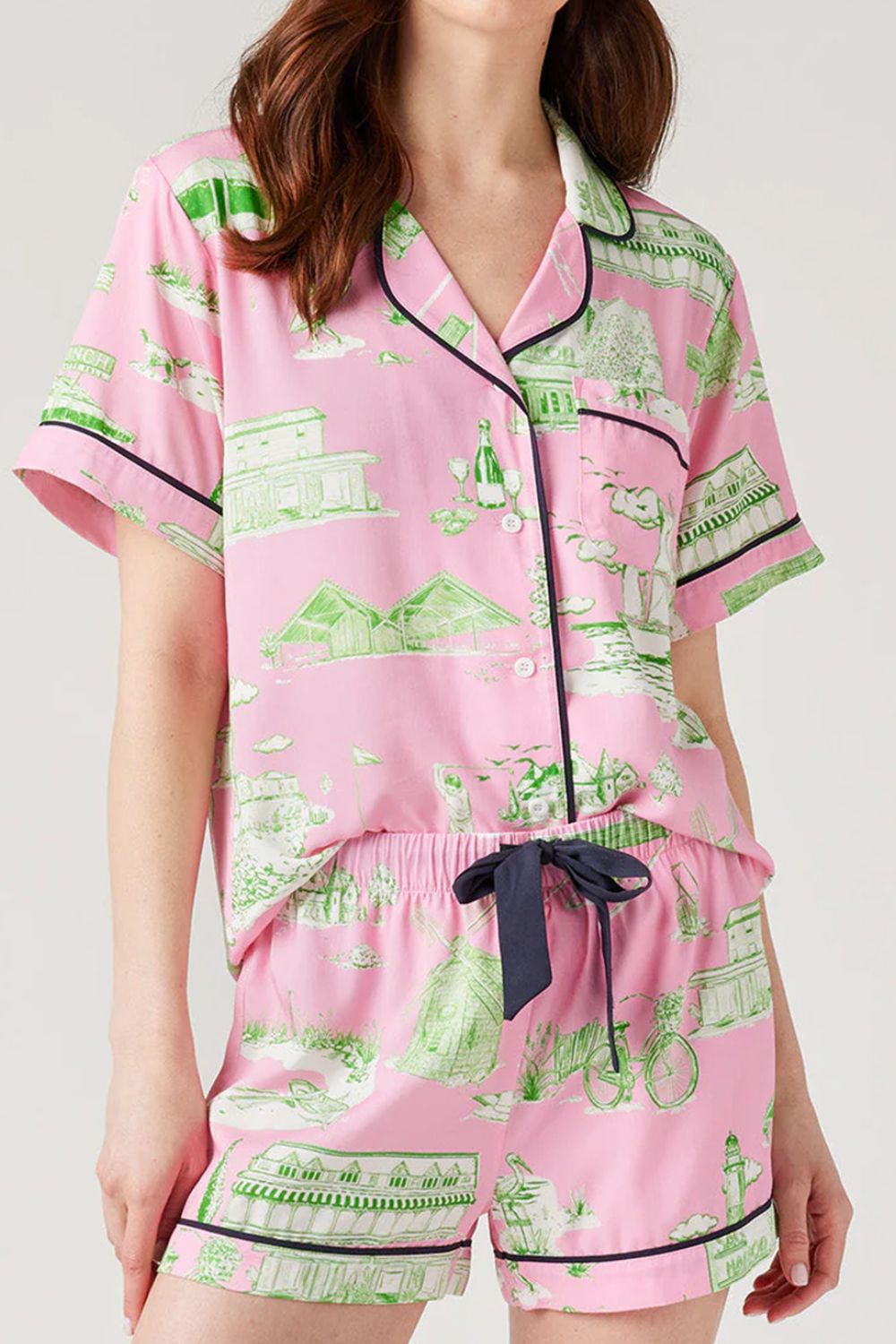 Collared Neck Printed Top and Drawstring Shorts Lounge Set-TOPS / DRESSES-[Adult]-[Female]-Blush Pink-S-2022 Online Blue Zone Planet