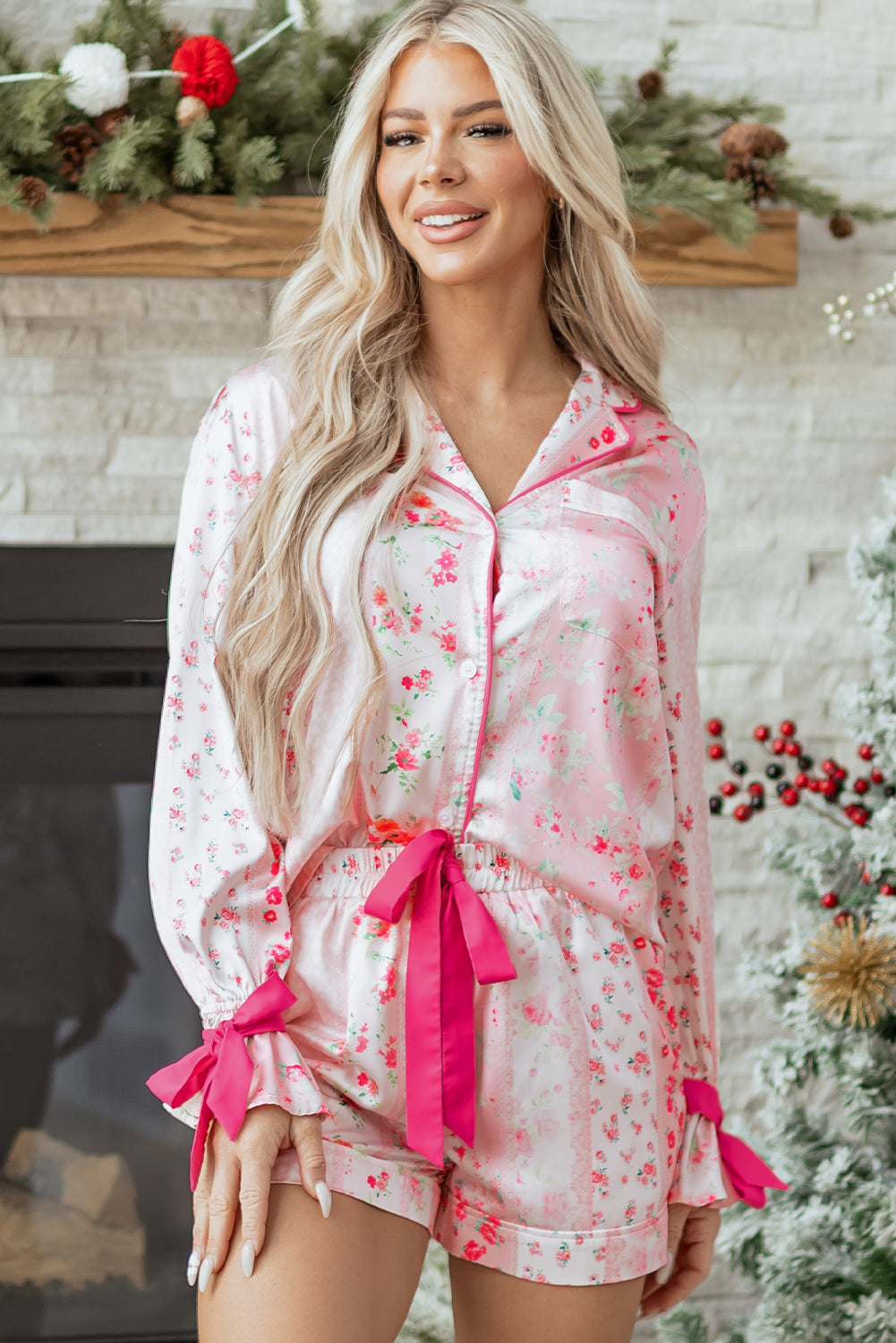 Pink Mixed Floral Print Contrast Piping Trim Satin Tie 2pcs Pajama Set-Loungewear & Sleepwear/Sleepwear-[Adult]-[Female]-2022 Online Blue Zone Planet