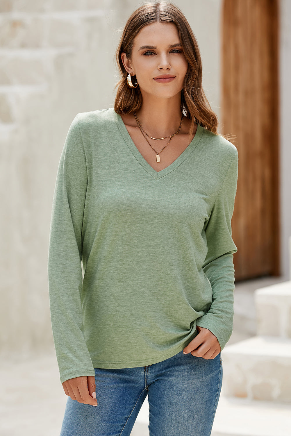 Grass Green Solid Color V Neck Long Sleeve Stretchy Top-Tops/Long Sleeve Tops-[Adult]-[Female]-2022 Online Blue Zone Planet