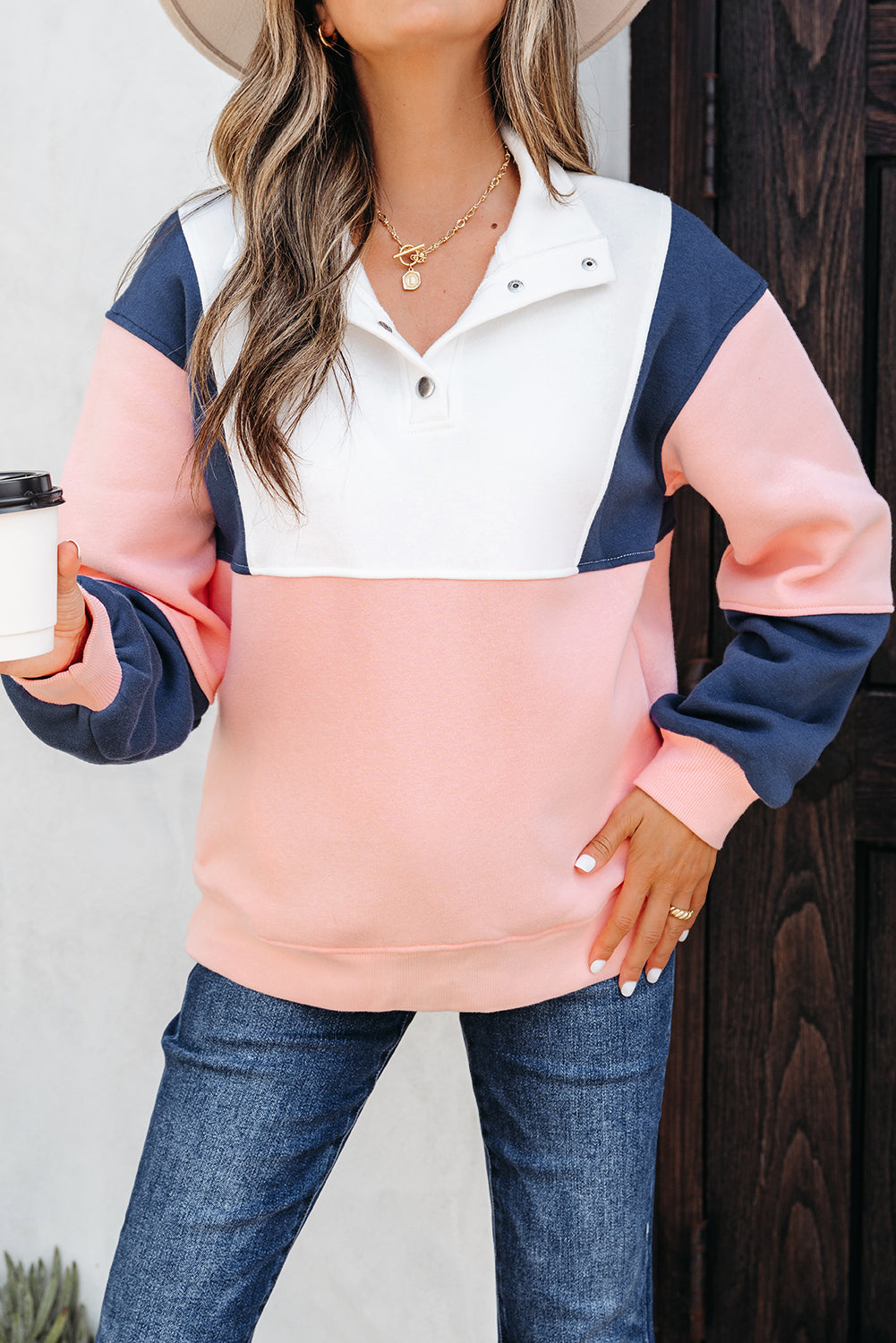 Pink Colorblock Patchwork Half Button Baggy Sweatshirt-Tops/Sweatshirts & Hoodies-[Adult]-[Female]-2022 Online Blue Zone Planet
