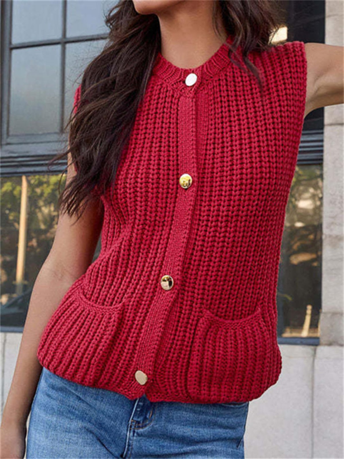 Button Down Sweater Vest with Pockets-TOPS / DRESSES-[Adult]-[Female]-2022 Online Blue Zone Planet