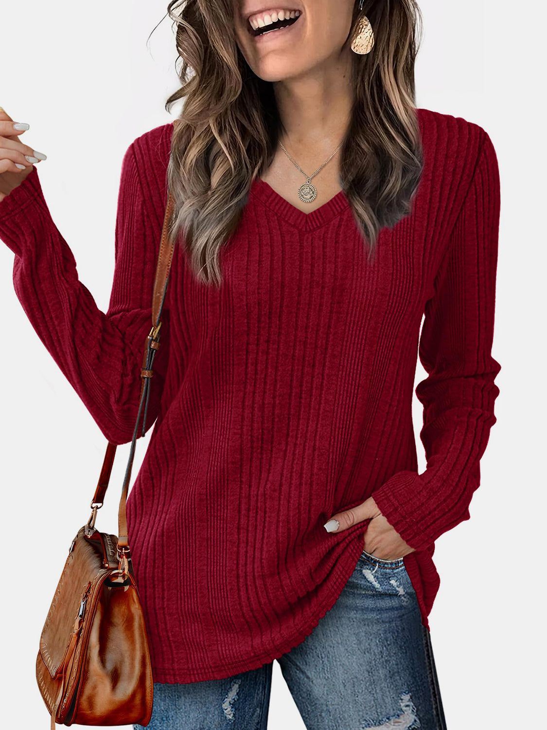 V-Neck Long Sleeve T-Shirt-TOPS / DRESSES-[Adult]-[Female]-Burgundy-S-2022 Online Blue Zone Planet