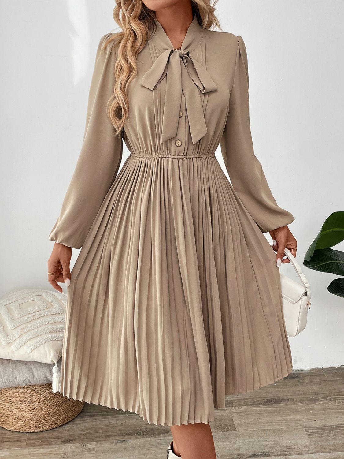 Perfee Pleated Tie Neck Long Sleeve Dress Tan / S