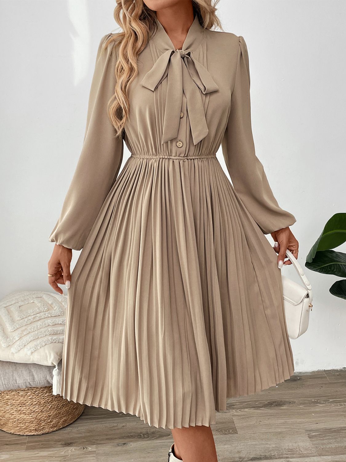 Perfee Pleated Tie Neck Long Sleeve Dress-TOPS / DRESSES-[Adult]-[Female]-Tan-S-2022 Online Blue Zone Planet