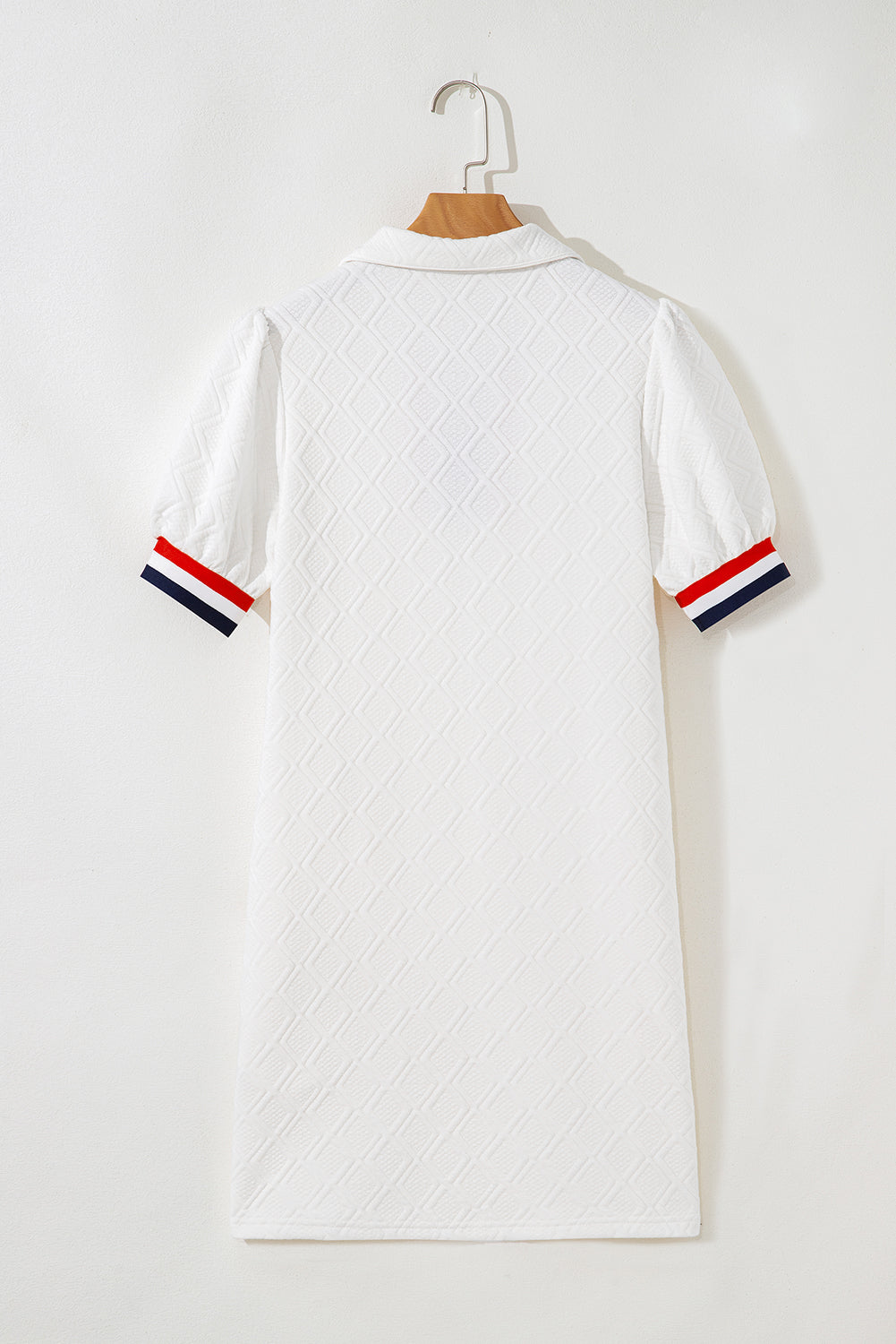 White Textured Jacquard Colorblock Edge Puff Sleeve Quarter Zip Mini Dress-TOPS / DRESSES-[Adult]-[Female]-2022 Online Blue Zone Planet