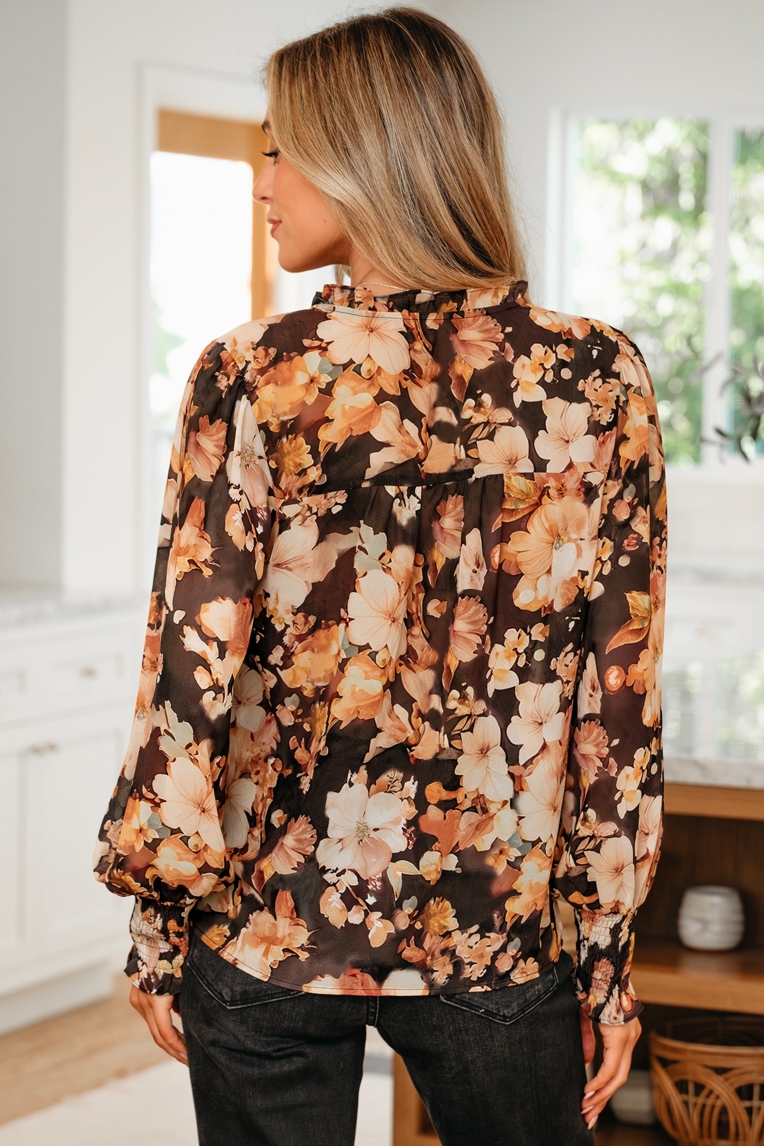 Black Floral V Neck Long Puff Sleeve Breezy Blouse-Tops/Blouses & Shirts-[Adult]-[Female]-2022 Online Blue Zone Planet
