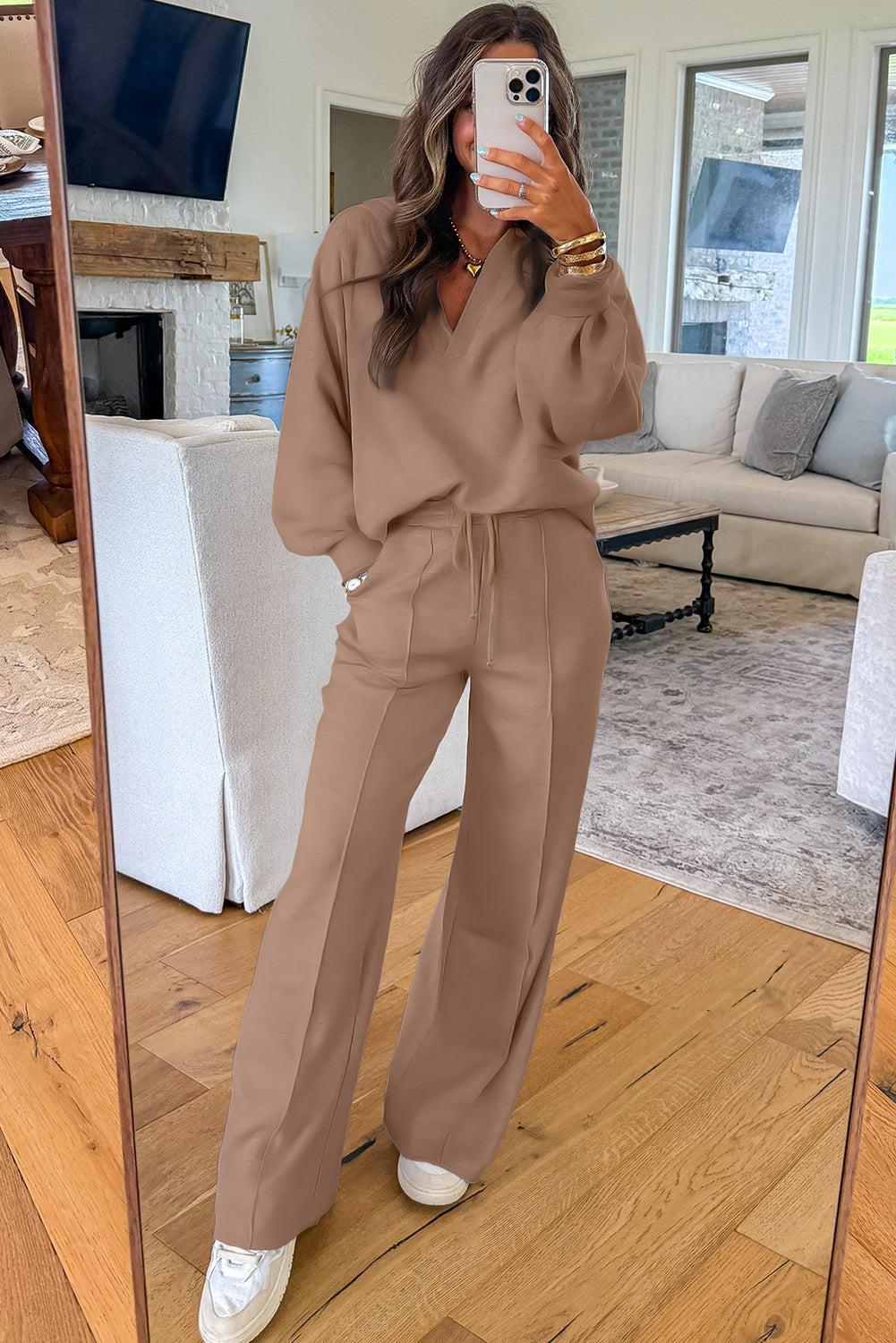 Dark Khaki Polo Collar V Neck Pullover and Drawstring Sweatpants Set-Two Piece Sets/Pant Sets-[Adult]-[Female]-2022 Online Blue Zone Planet