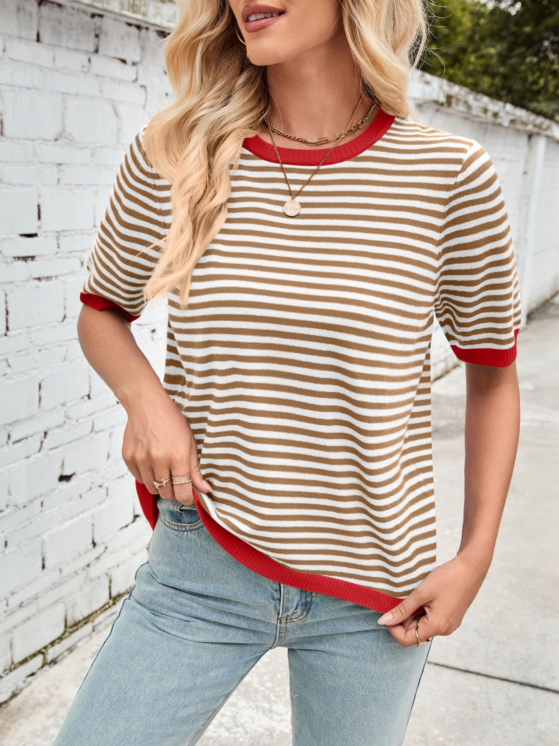 Lovelet Striped Contrast Round Neck Half Sleeve Knit Top-TOPS / DRESSES-[Adult]-[Female]-2022 Online Blue Zone Planet