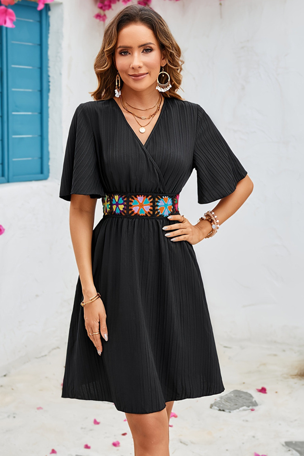 Black Floral Embroidered Belt Flutter Sleeve V Neck A Line Dress-Short Dresses-[Adult]-[Female]-2022 Online Blue Zone Planet