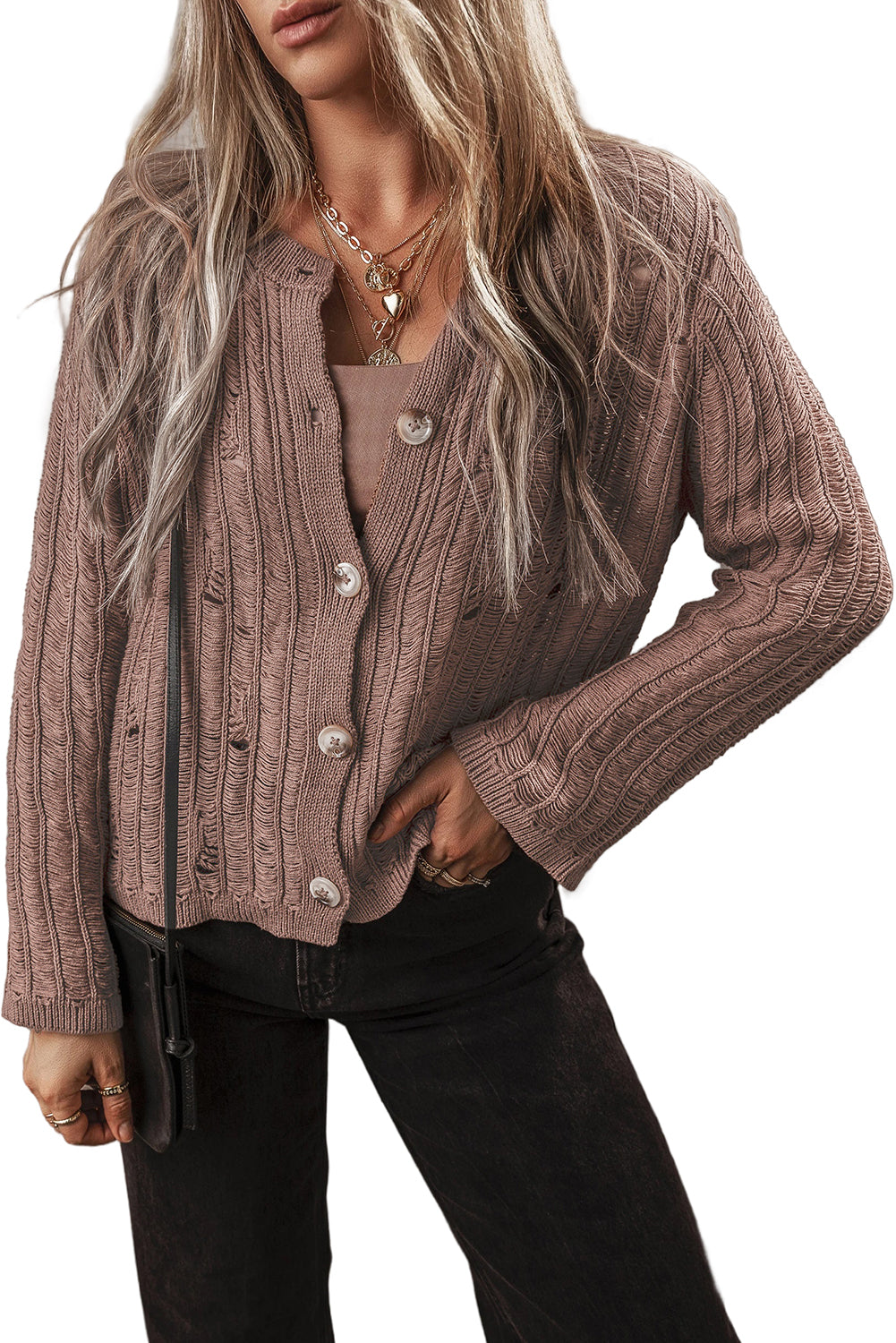 Goat Cut Out Textured Knit Button Front Cardigan-Cardigans-[Adult]-[Female]-2022 Online Blue Zone Planet