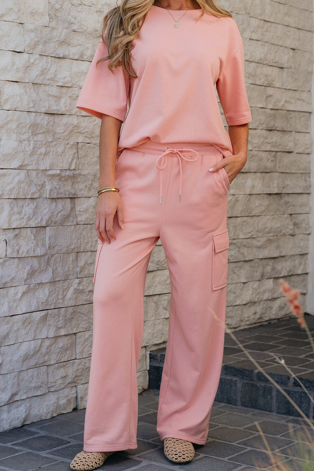 Apricot Pink Half Sleeve T-Shirt & Cargo Sweatpants Set-Two Piece Sets/Pant Sets-[Adult]-[Female]-2022 Online Blue Zone Planet