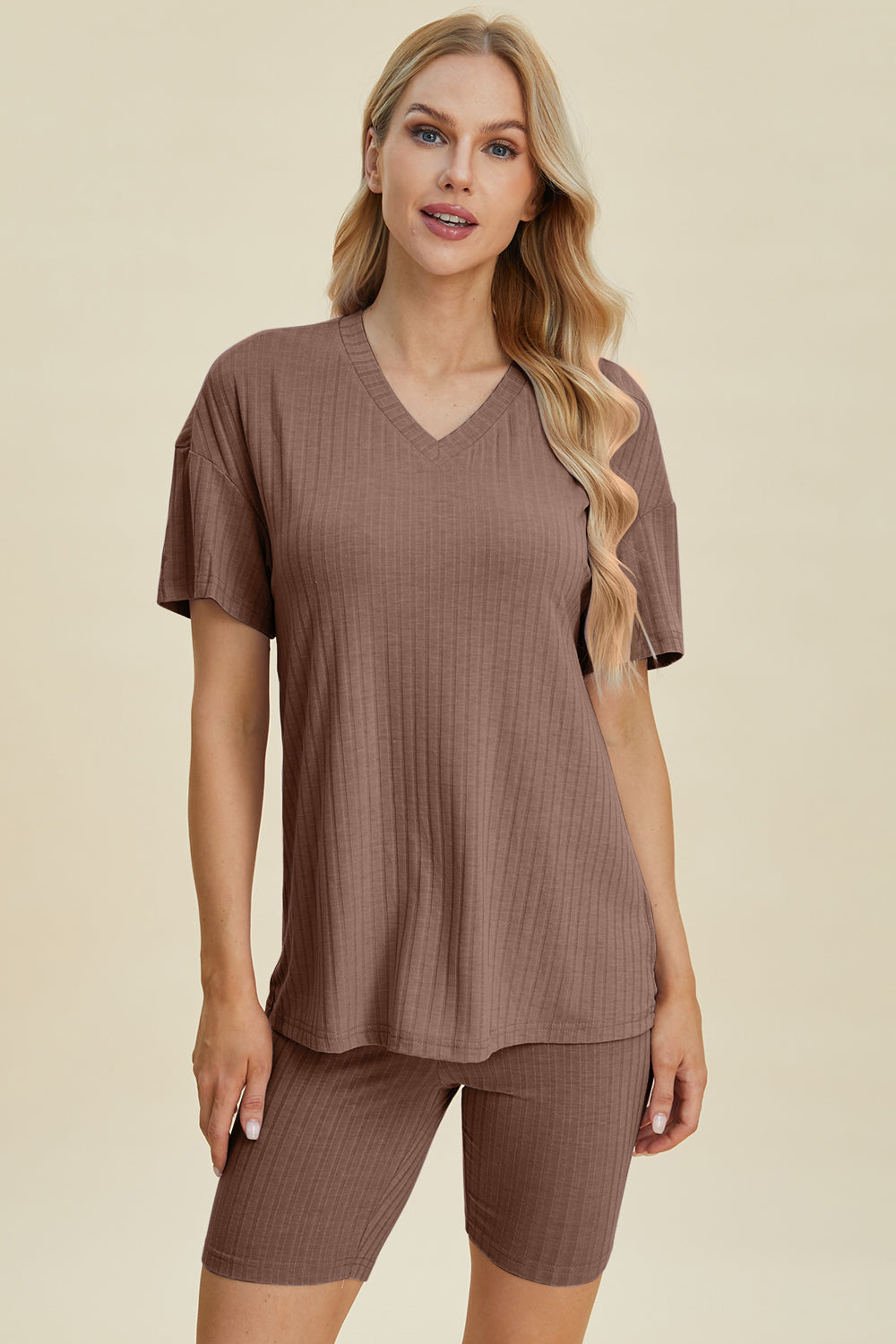 Basic Bae Full Size Ribbed V-Neck Short Sleeve Top and Shorts Set-TOPS / DRESSES-[Adult]-[Female]-Taupe-S-2022 Online Blue Zone Planet