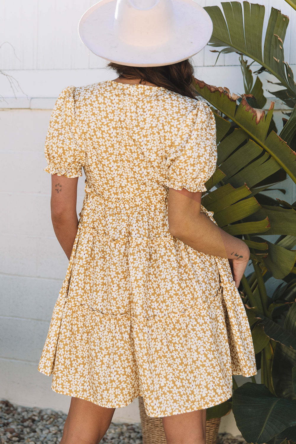 Yellow Floral Short Sleeve V Neck Frilly Tiered Mini Dress-Dresses/Floral Dresses-[Adult]-[Female]-2022 Online Blue Zone Planet