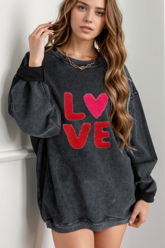 Blue Zone Planet | Valentine’s Day LOVE Round Neck Long Sleeve Sweatshirt-TOPS / DRESSES-[Adult]-[Female]-Black-S-2022 Online Blue Zone Planet