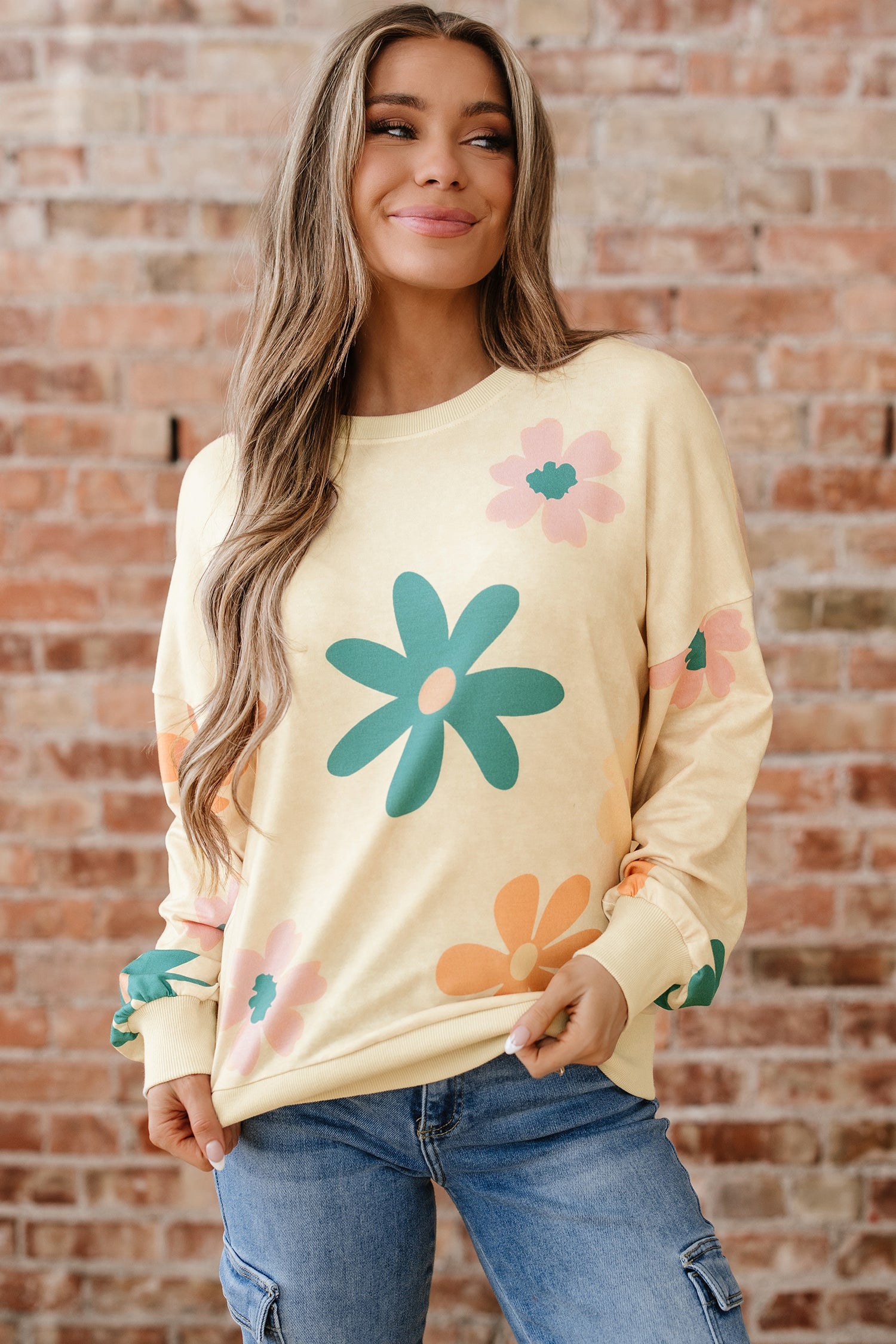 Khaki Mineral Washed French Terry Flower Print Sweatshirt-Tops/Sweatshirts & Hoodies-[Adult]-[Female]-2022 Online Blue Zone Planet