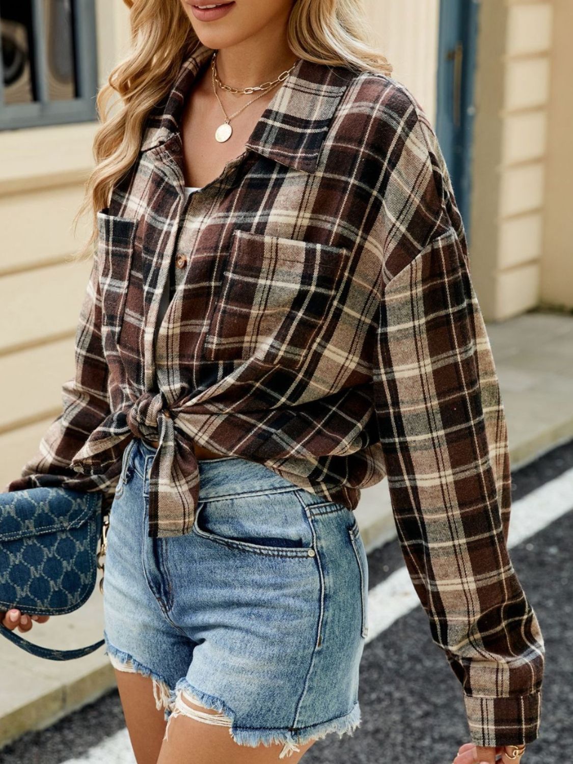 Plaid Collared Neck Long Sleeve Shirt-TOPS / DRESSES-[Adult]-[Female]-2022 Online Blue Zone Planet