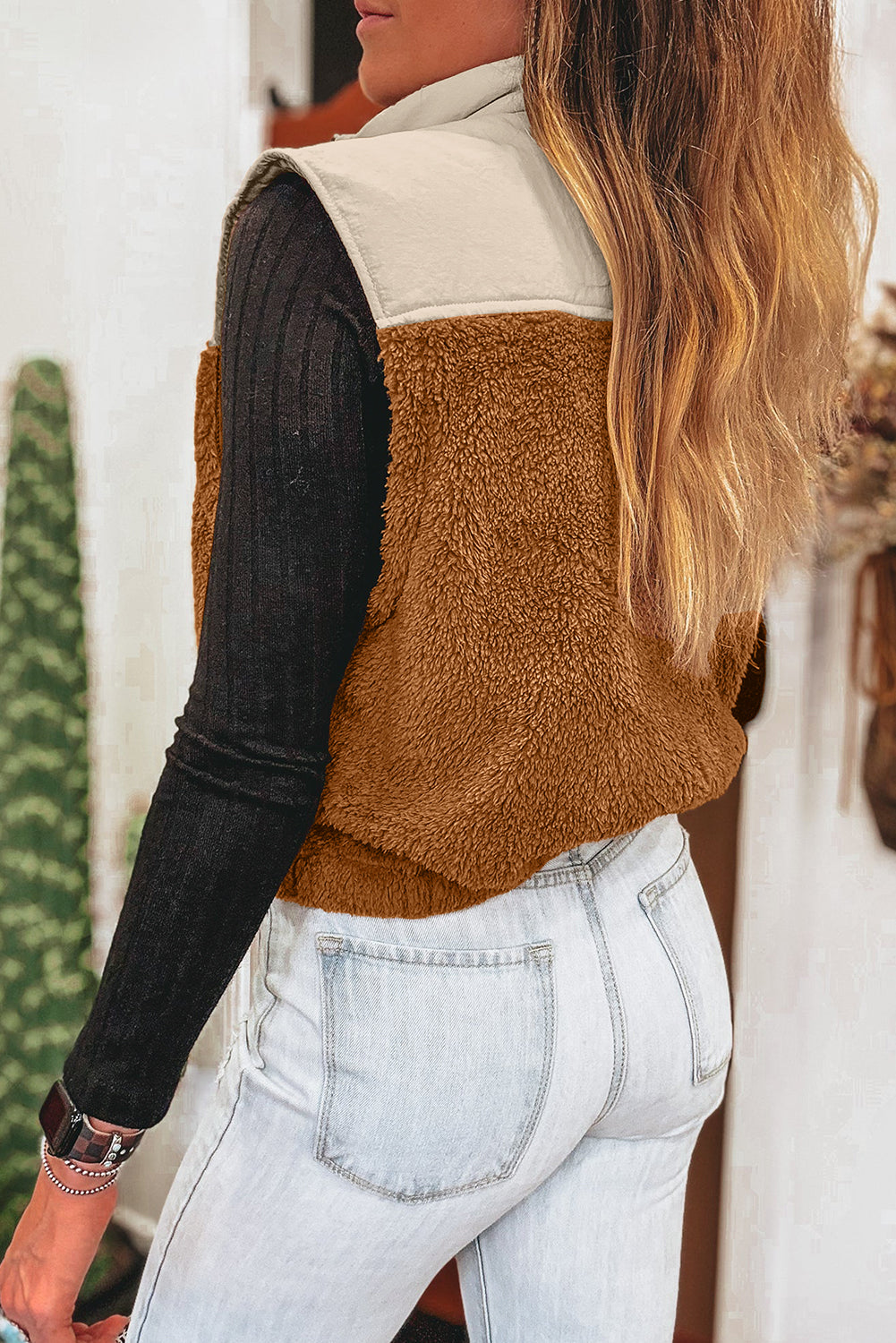 Chestnut Color Block Plush Patchwork Zipper Stand Neck Vest-Outerwear/Vests-[Adult]-[Female]-2022 Online Blue Zone Planet