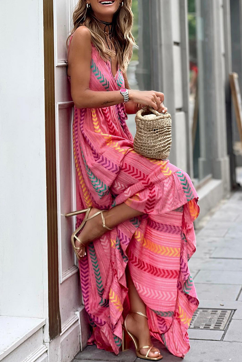 Blue Zone Planet |  Pink Western Printed Tassel Tie V Neck Wrap Maxi Dress Blue Zone Planet