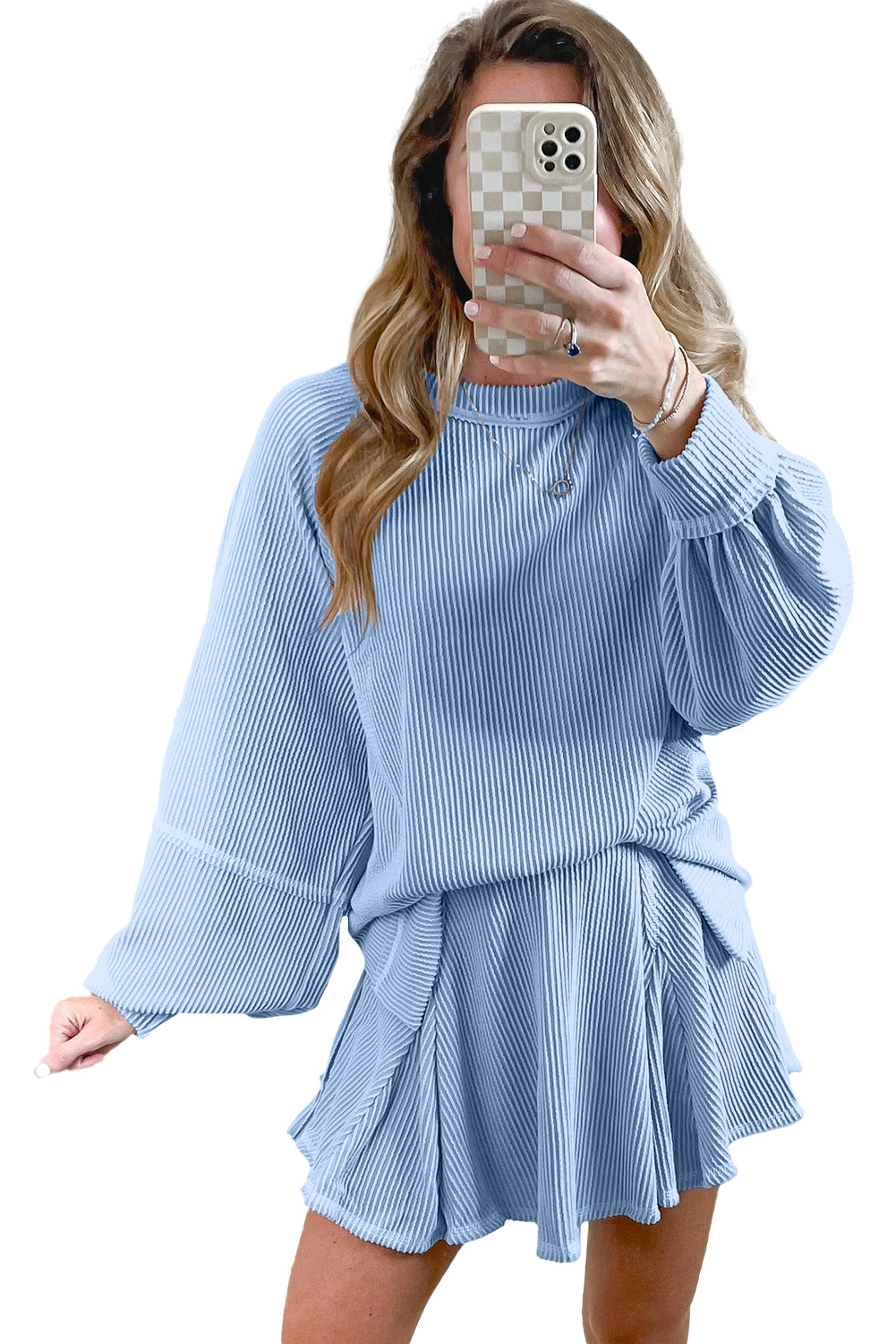 Sky Blue Corded Lantern Sleeve Pullover Ruffle Mini Skirt Set-Two Piece Skirt Sets-[Adult]-[Female]-2022 Online Blue Zone Planet