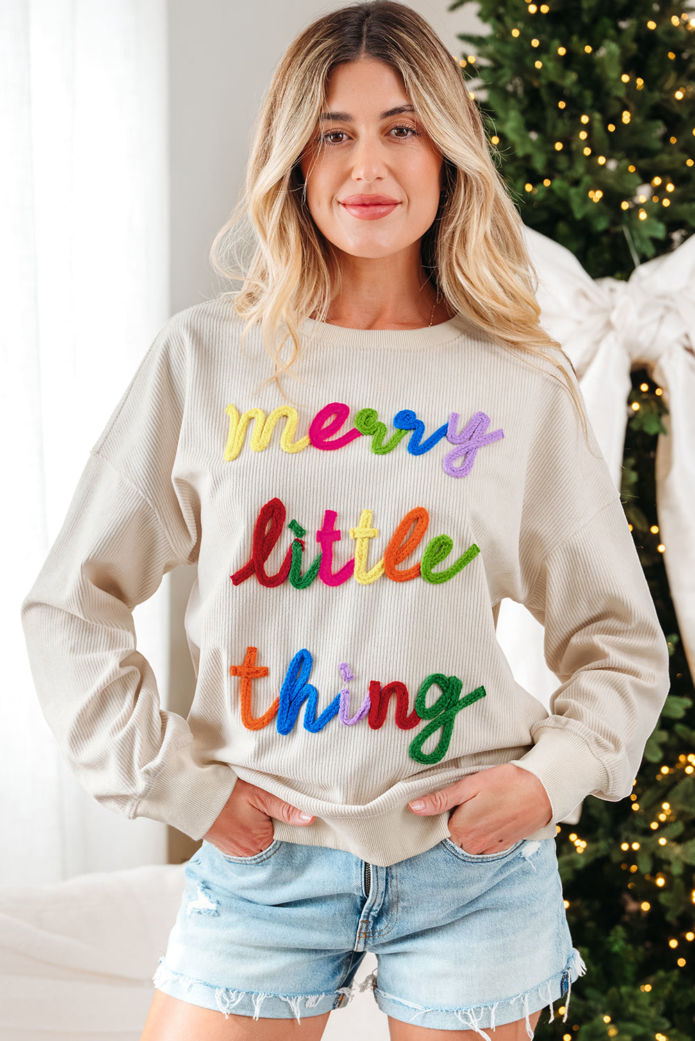 Beige Merry Little Thing Corded Letter Graphic Ribbed Loose Sweatshirt-Tops/Sweatshirts & Hoodies-[Adult]-[Female]-2022 Online Blue Zone Planet