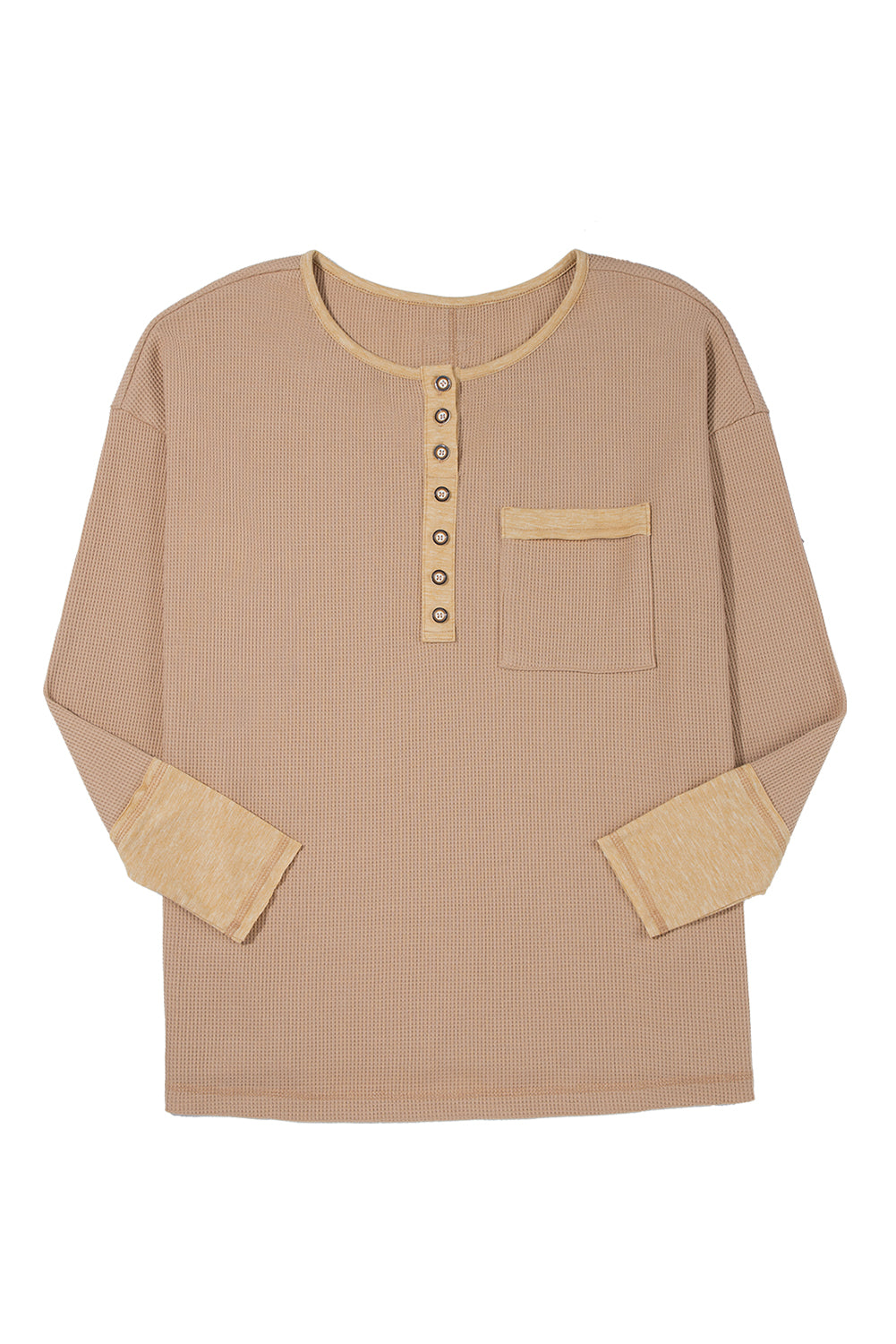 Dark Khaki Color Block Waffle Textured Tunic Henley Top With Slits-Tops/Long Sleeve Tops-[Adult]-[Female]-2022 Online Blue Zone Planet