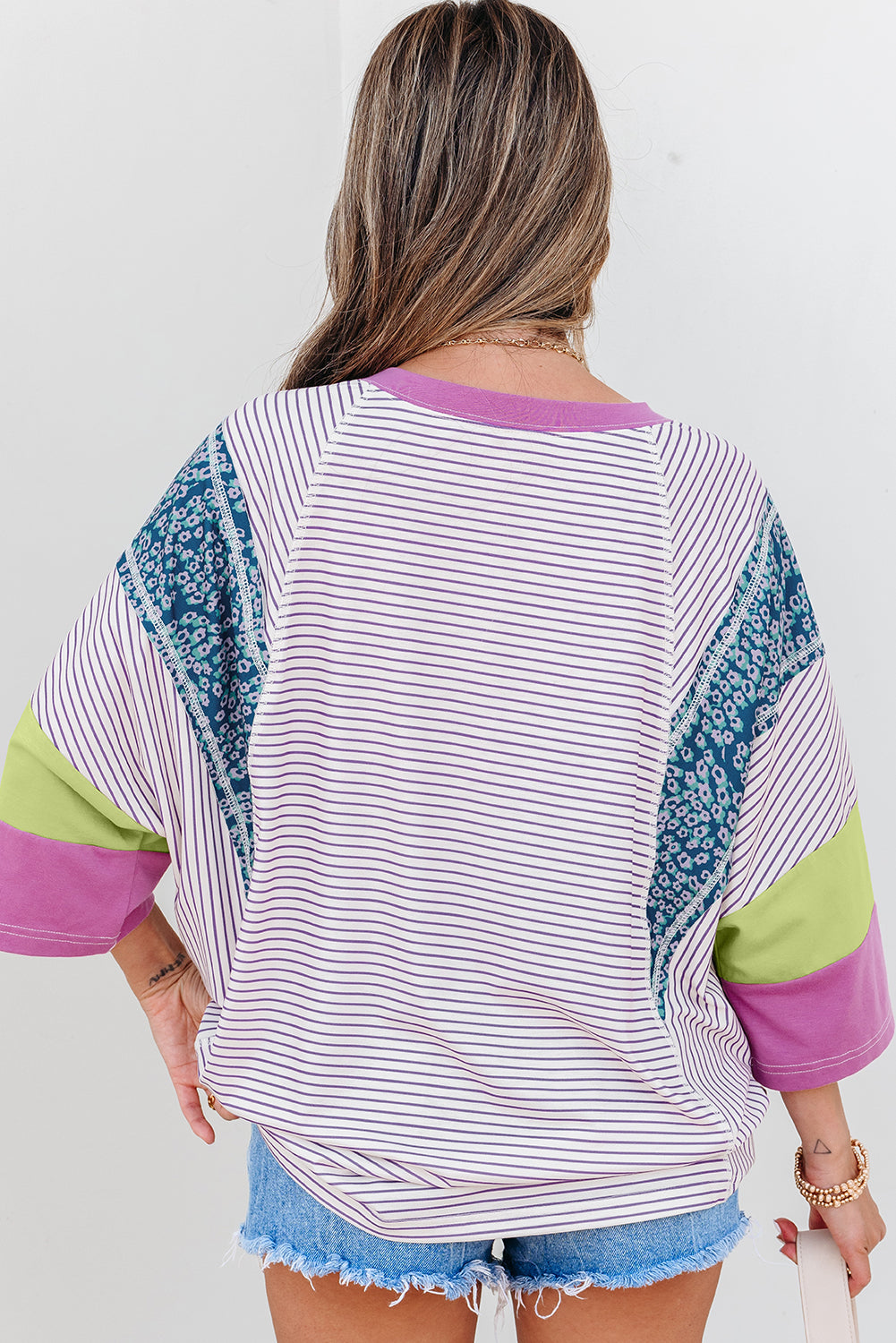Purple Stripe Floral Color Block Raw Edge Patchwork Bracelet Sleeve Blouse-Bracelet-[Adult]-[Female]-2022 Online Blue Zone Planet