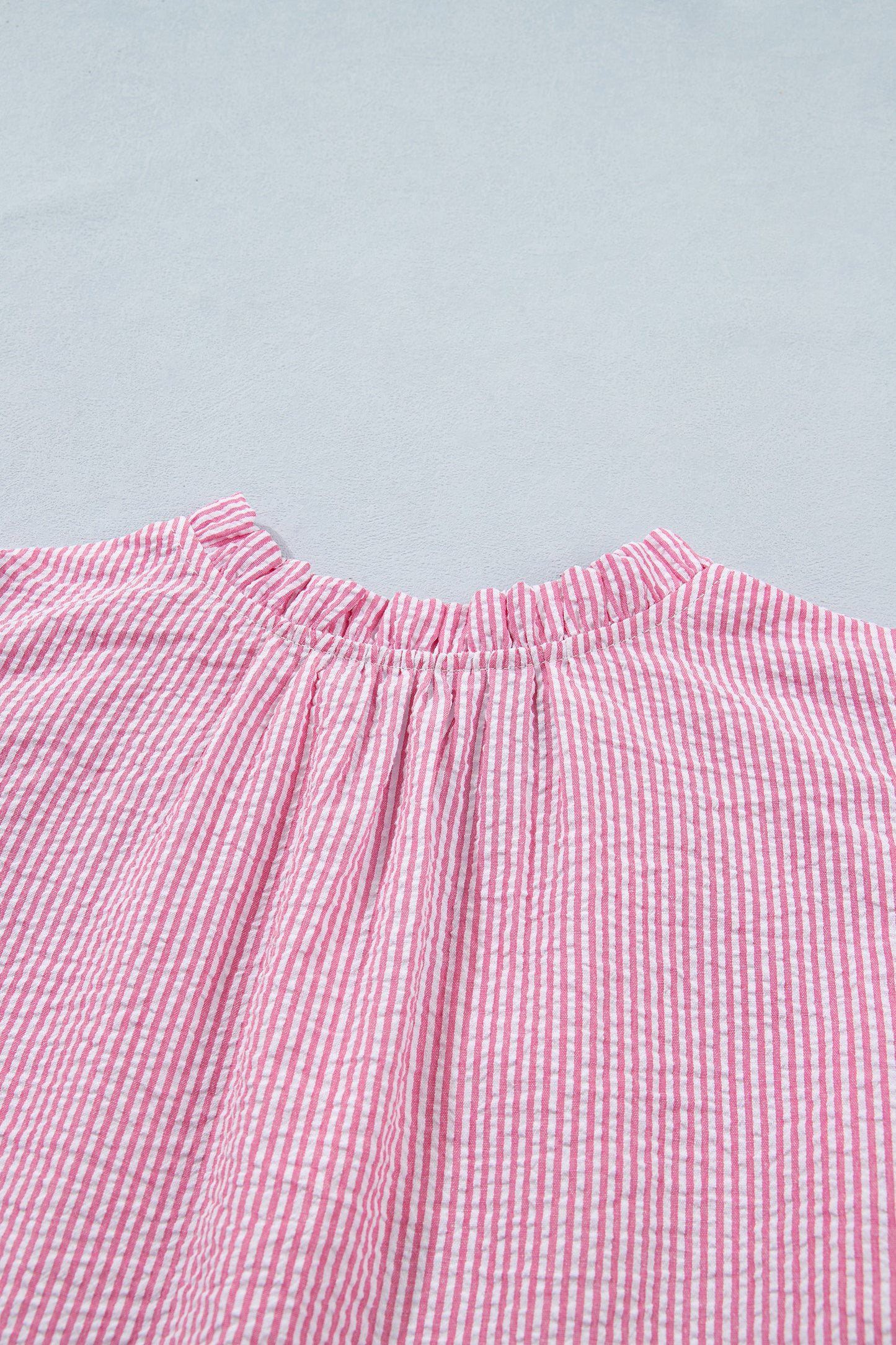 Rose Stripe Short Bubble Sleeve Split V Neck Blouse-Tops/Blouses & Shirts-[Adult]-[Female]-2022 Online Blue Zone Planet