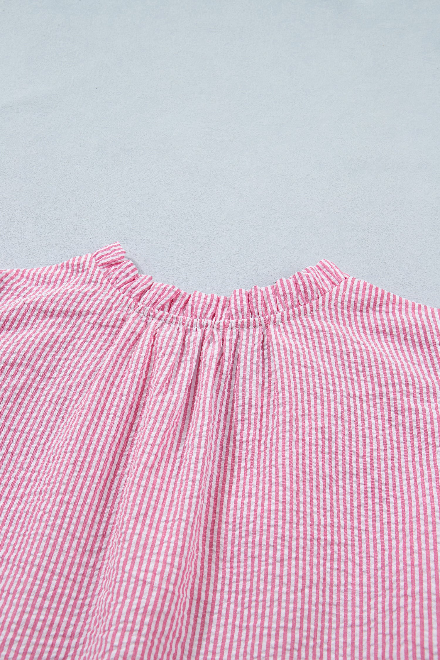 Rose Stripe Short Bubble Sleeve Split V Neck Blouse-Tops/Blouses & Shirts-[Adult]-[Female]-2022 Online Blue Zone Planet