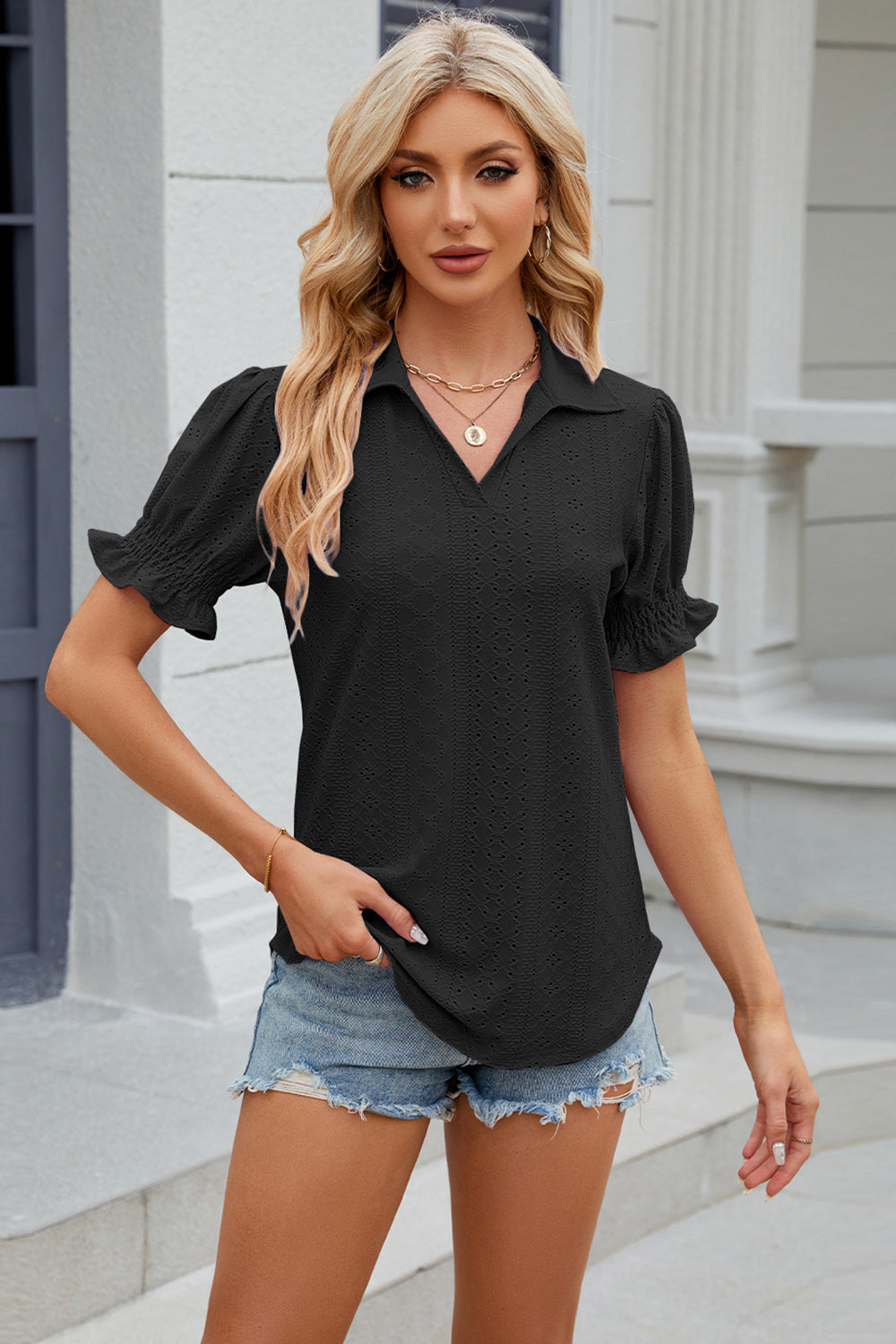 Eyelet Johnny Collar Short Sleeve Blouse-TOPS / DRESSES-[Adult]-[Female]-2022 Online Blue Zone Planet