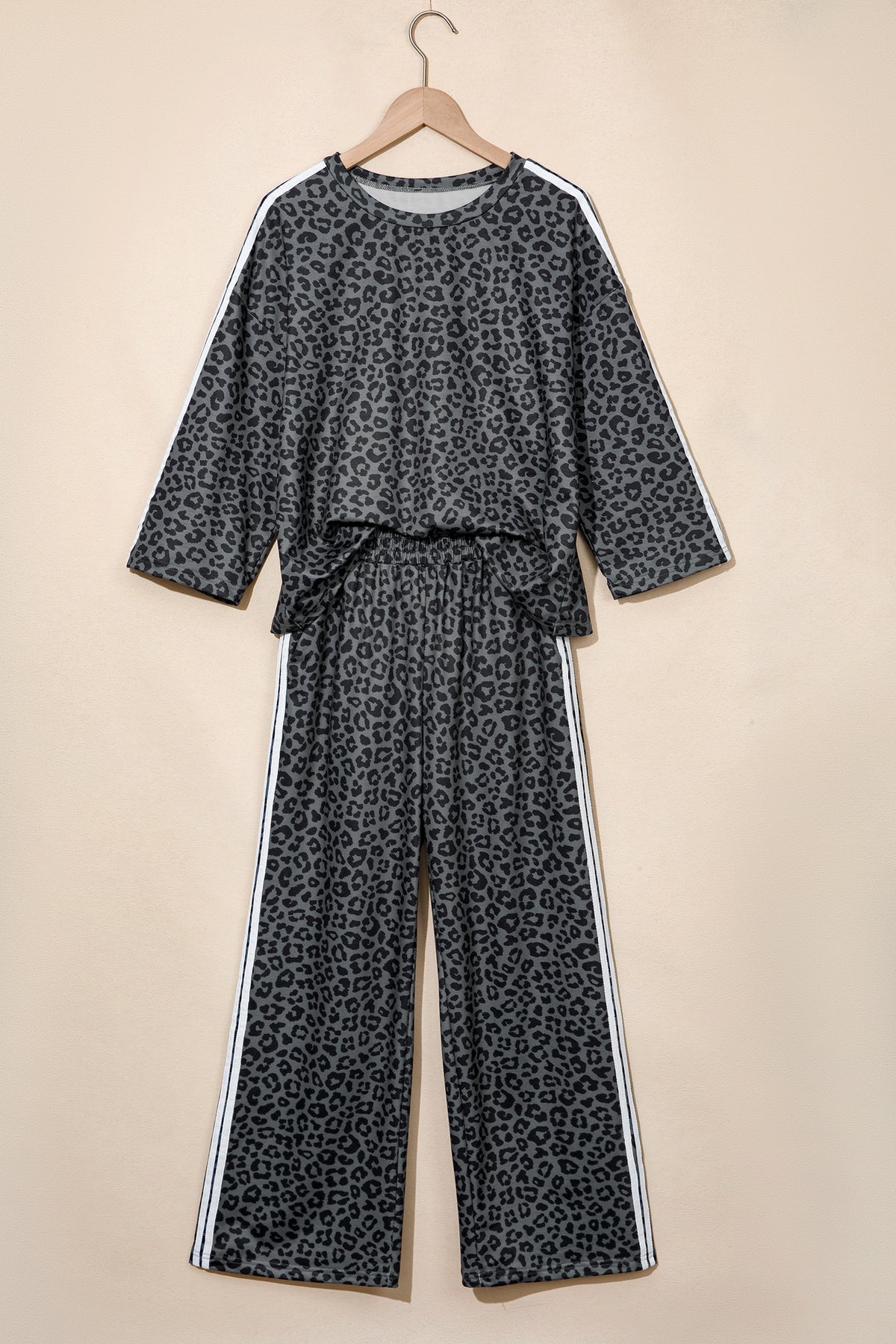 Pink Leopard Print Varsity Striped Detail 3/4 Sleeve Top Shift Pant Set-Two Piece Sets/Pant Sets-[Adult]-[Female]-2022 Online Blue Zone Planet