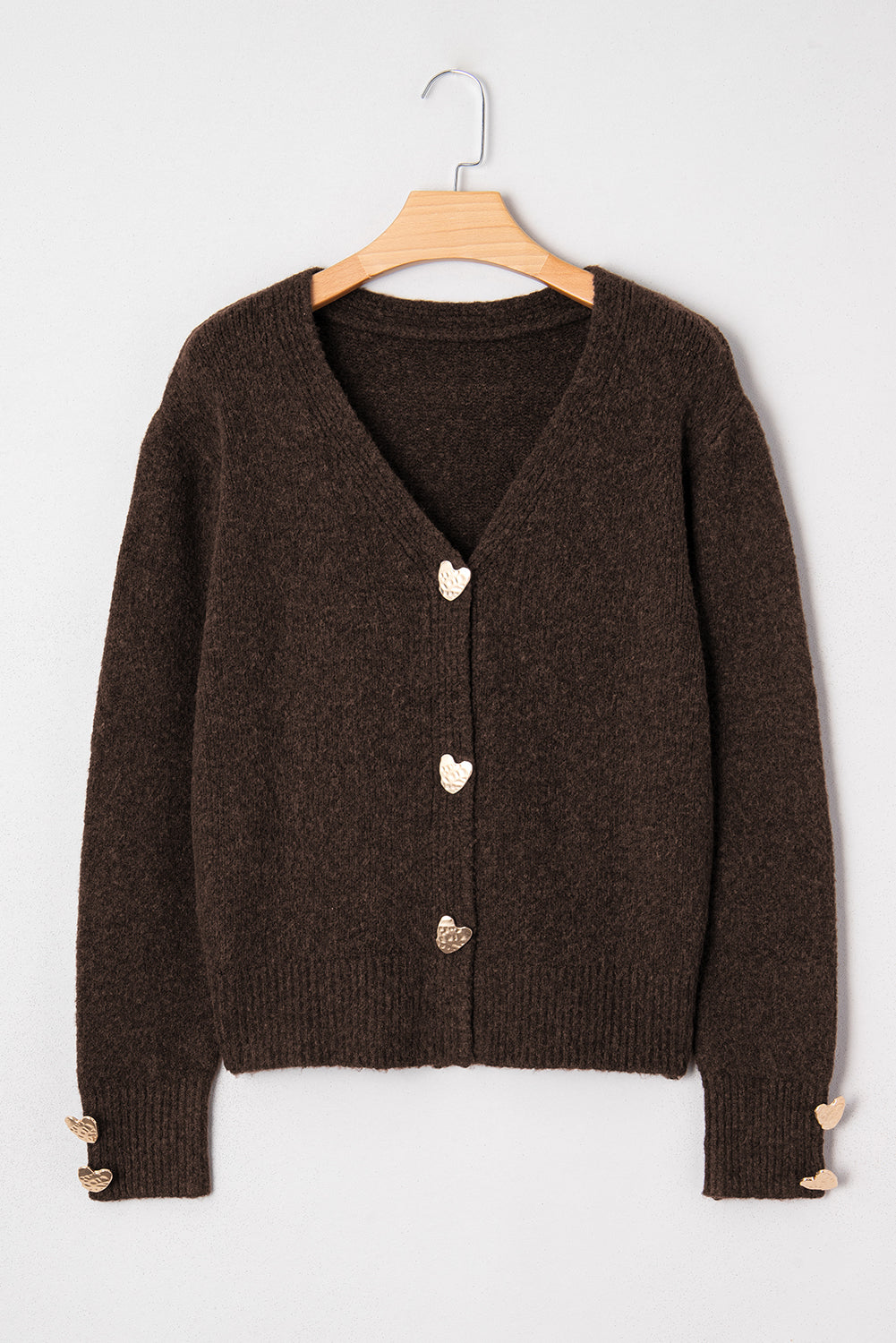 Chicory Coffee Heart Metal Button V Neck Cardigan Sweater-TOPS / DRESSES-[Adult]-[Female]-2022 Online Blue Zone Planet