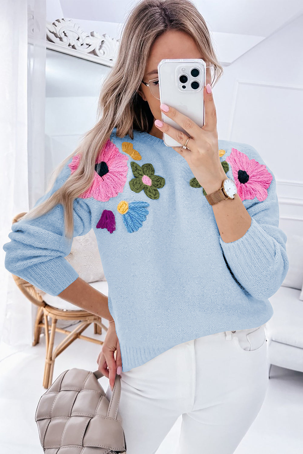 Light Blue Knitted Flower Pattern Ribbed Edge Sweater-Sweaters & Cardigans/Sweaters-[Adult]-[Female]-2022 Online Blue Zone Planet