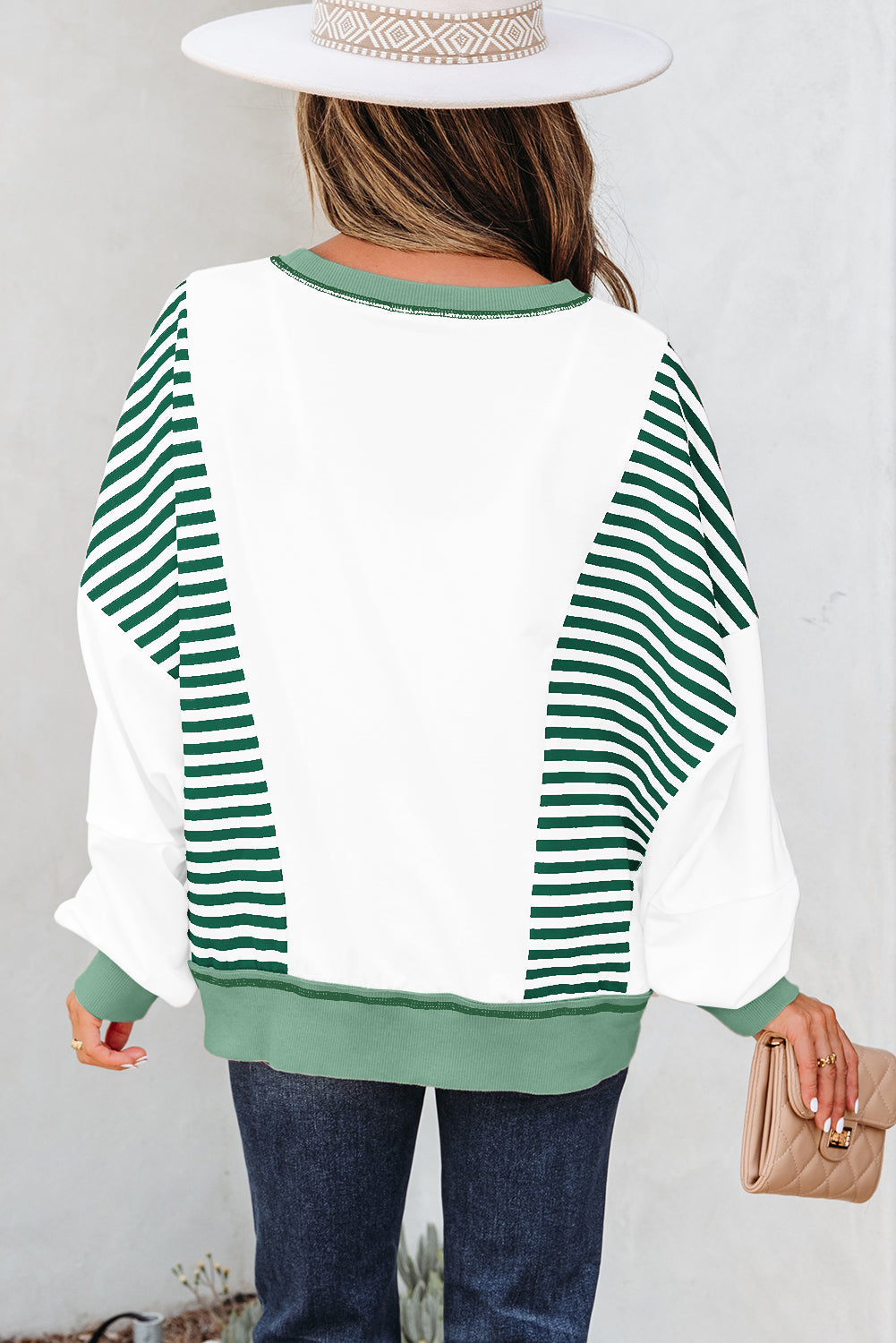 Green Stripe Colorblock Patchwork Contrast Stitching Oversize Sweatshirt-Tops/Sweatshirts & Hoodies-[Adult]-[Female]-2022 Online Blue Zone Planet