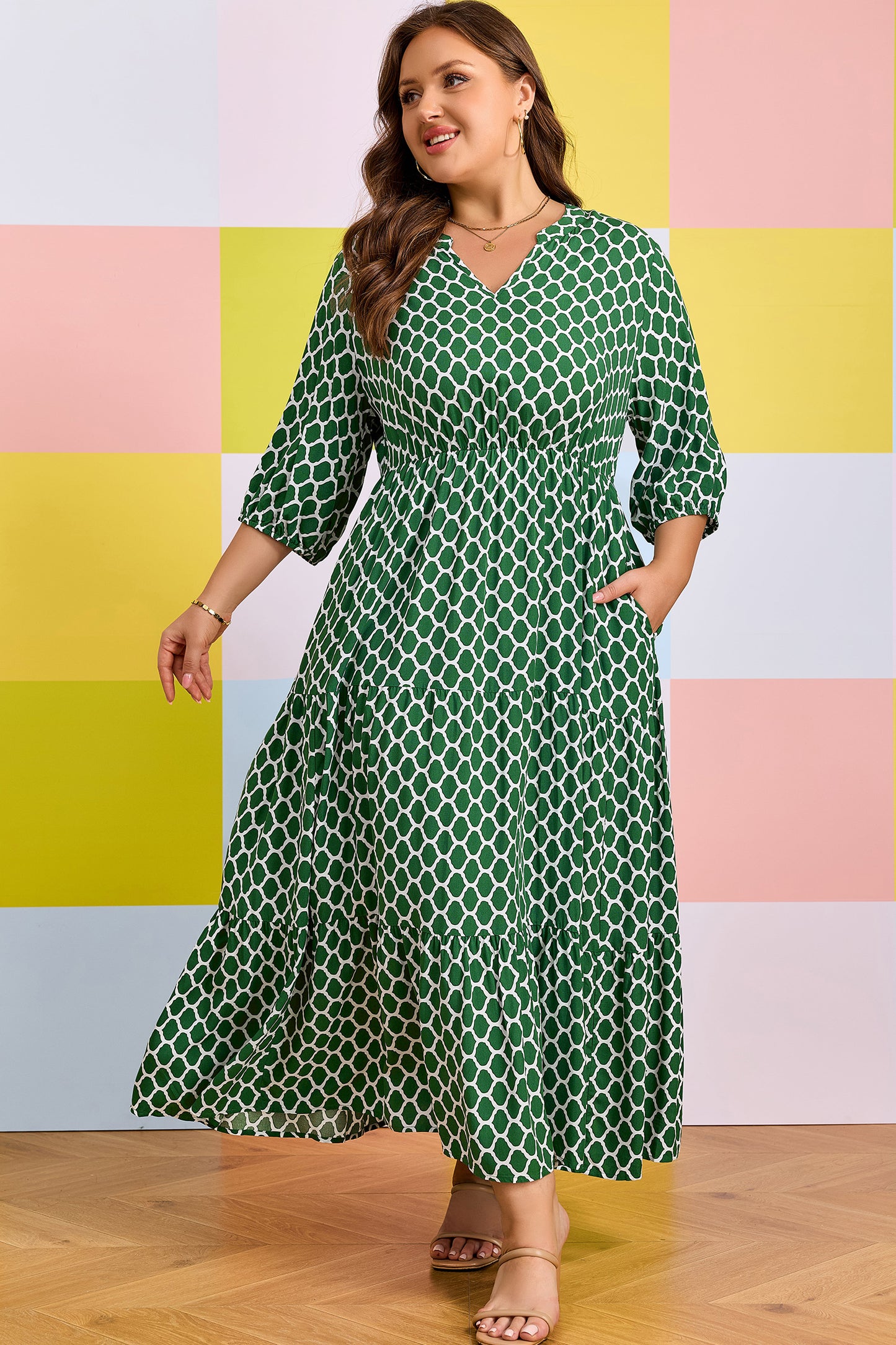 Green Plus Size Geometric Print Pocketed Ruffle Hem Casual Dress-Plus Size/Plus Size Dresses/Plus Size Maxi Dresses-[Adult]-[Female]-2022 Online Blue Zone Planet
